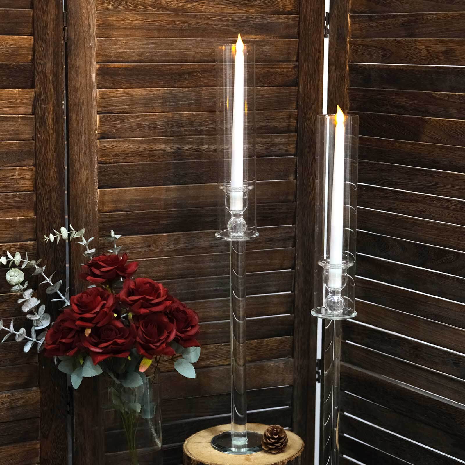 2-Pack Crystal Glass Hurricane Taper Candle Holders, Tall Decorative Candle Stands Clear Cylinder Chimney Tubes 26