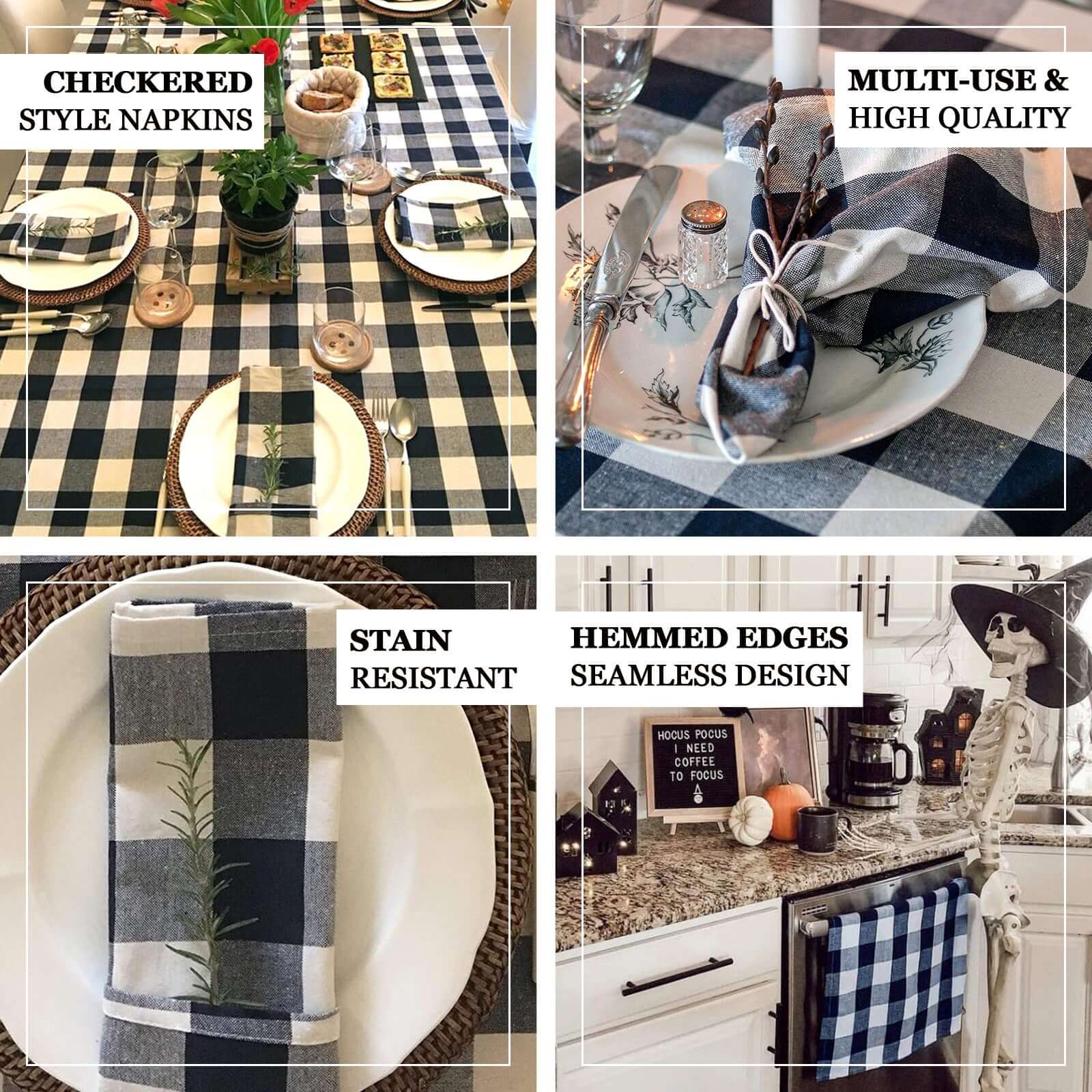 5 Pack Polyester 15x15 Napkins Navy Blue/White Buffalo Plaid Gingham Style Cloth Napkins