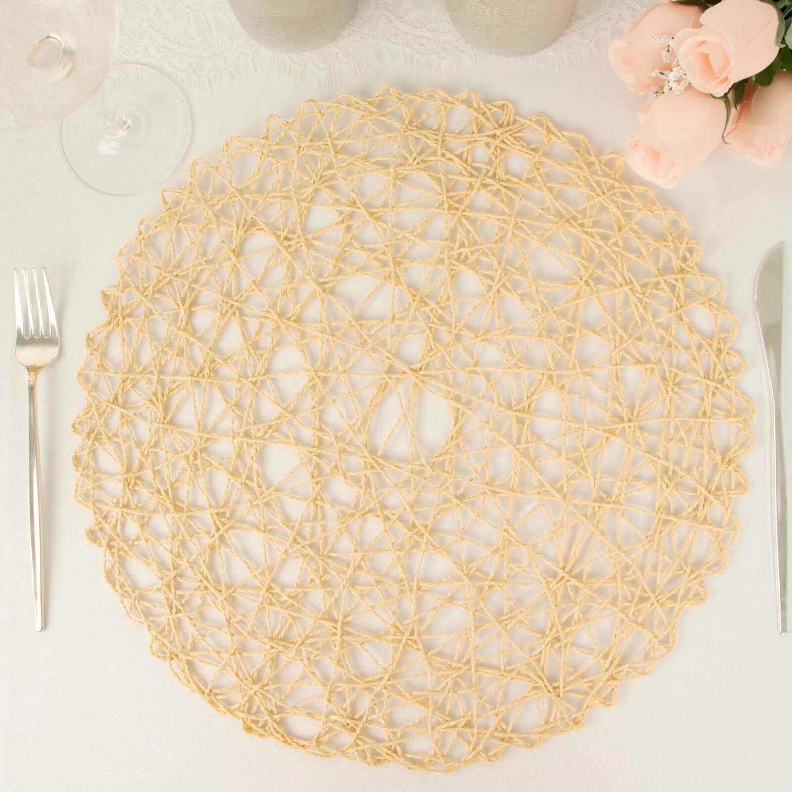 6-Pack Table Placemats Woven Fiber Design Beige Round - Disposable Mats for Dining and Events 15