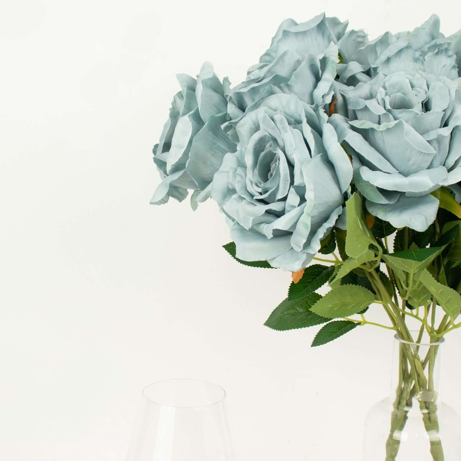 2 Bushes 17 Dusty Blue Premium Silk Jumbo Rose Flower Bouquet, High Quality Artificial Wedding Floral Arrangements
