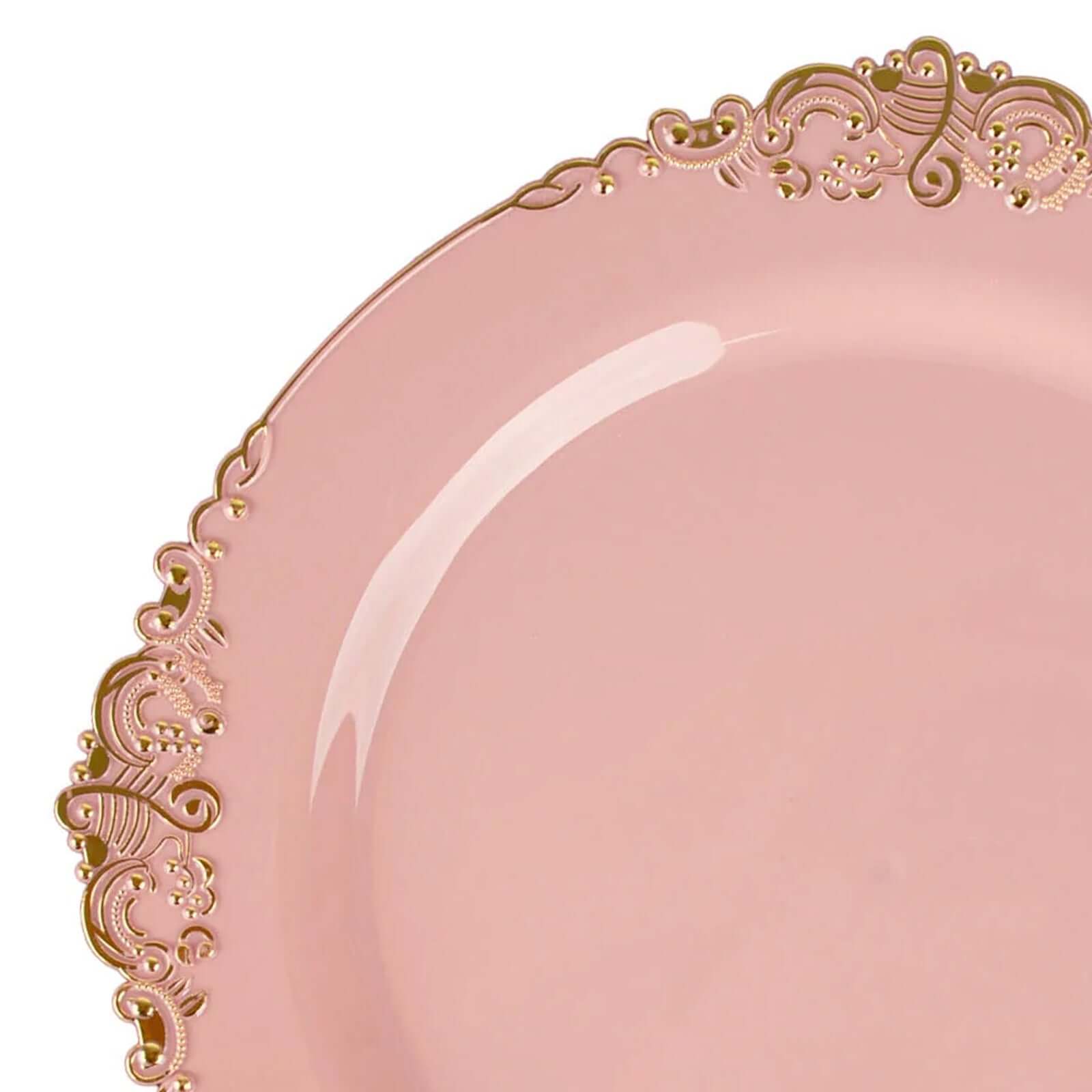 10-Pack Plastic 10 Round Dinner Plates in Dusty Rose with Gold Leaf Embossed Rim - Disposable Vintage Baroque Style Plates