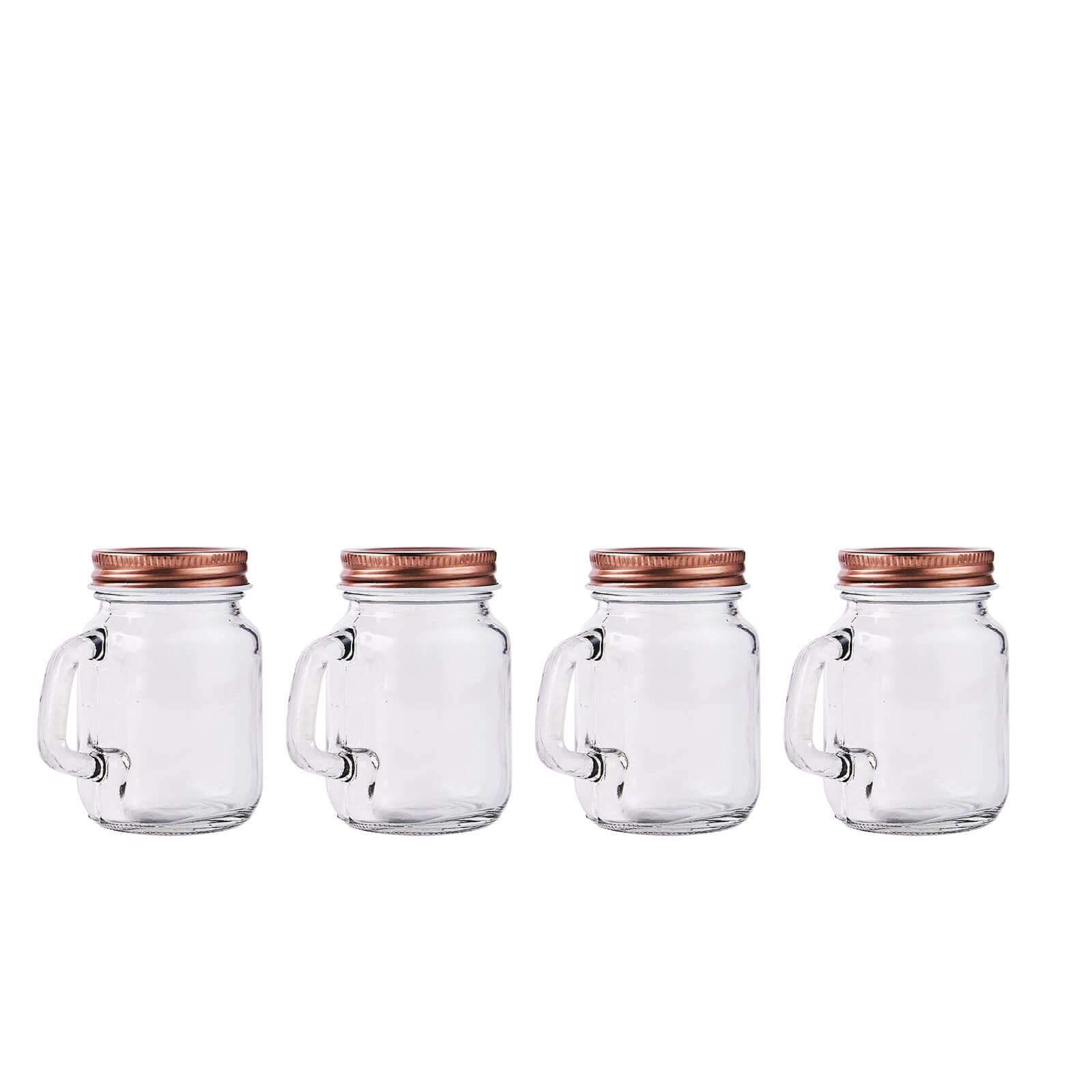 4-Pack Glass Mason Jars Rustic Design Clear with Handles and Rose Gold Screw-On Lids - Trendy Containers for Drinks & Events 4oz