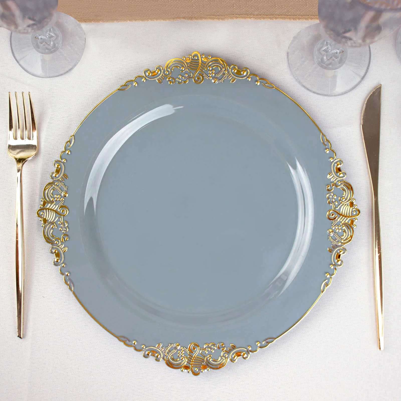 10-Pack Plastic 10 Round Dinner Plates in Dusty Blue with Gold Leaf Embossed Rim - Disposable Vintage Baroque Style Plates