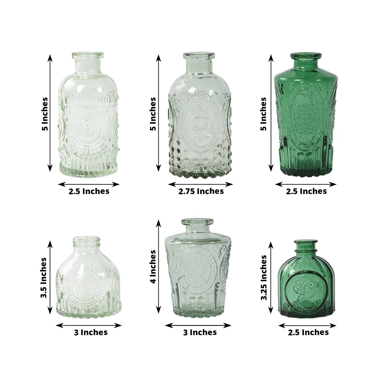 Set of 6 Embossed Glass Bud Vases Vintage Mixed Green - Apothecary Style Decorative Table Centerpieces