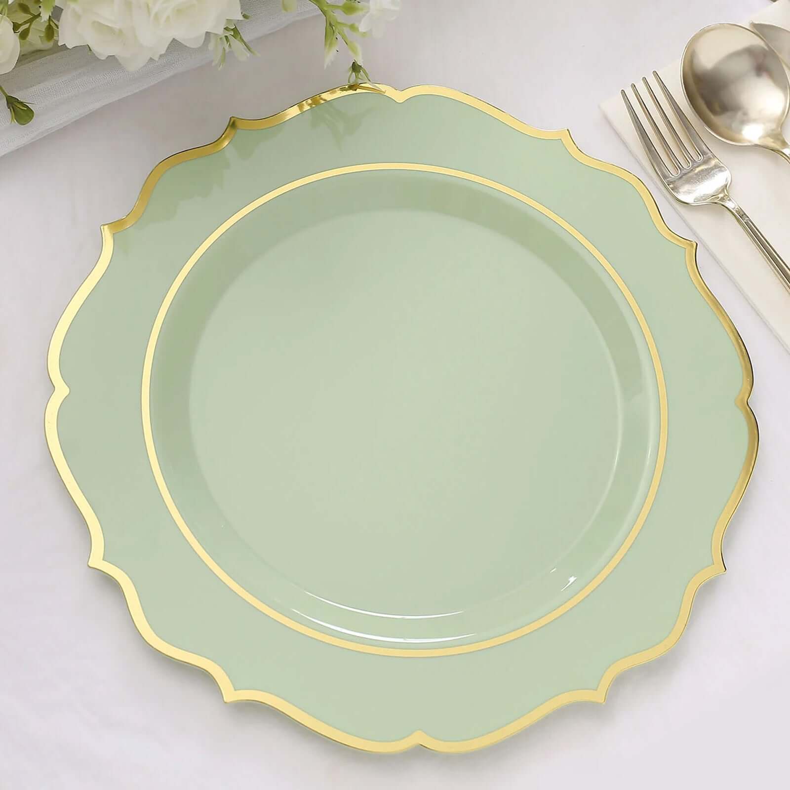 10-Pack Plastic 10 Round Dinner Plates in Sage Green with Gold Scalloped Rim - Disposable Party Plates