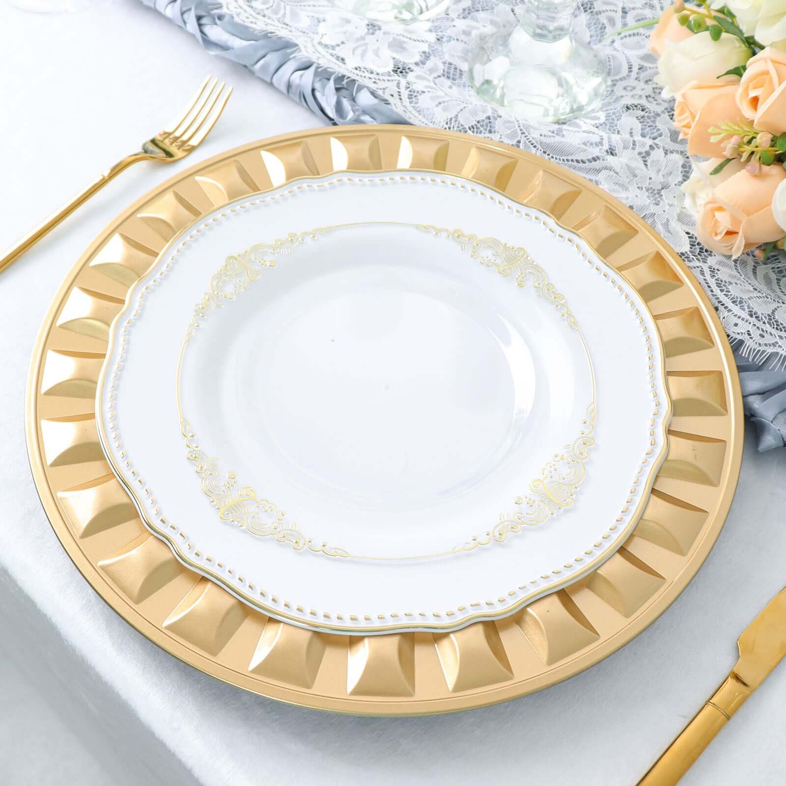 6-Pack Plastic Round Charger Plates 13 in Gold with Bejeweled Rim, Luxe Decorative Dinner Party Charger Tableware