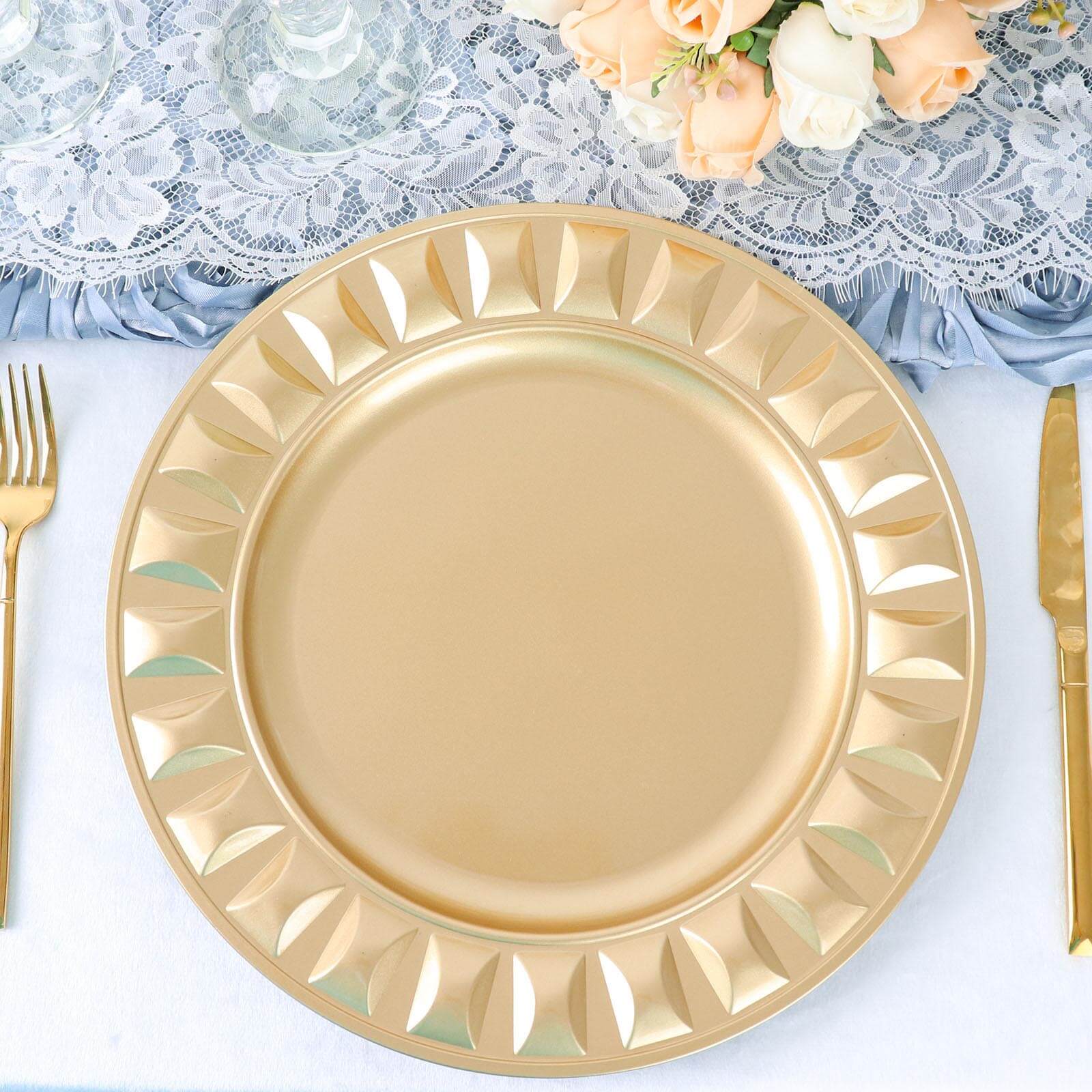 6-Pack Plastic Round Charger Plates 13 in Gold with Bejeweled Rim, Luxe Decorative Dinner Party Charger Tableware