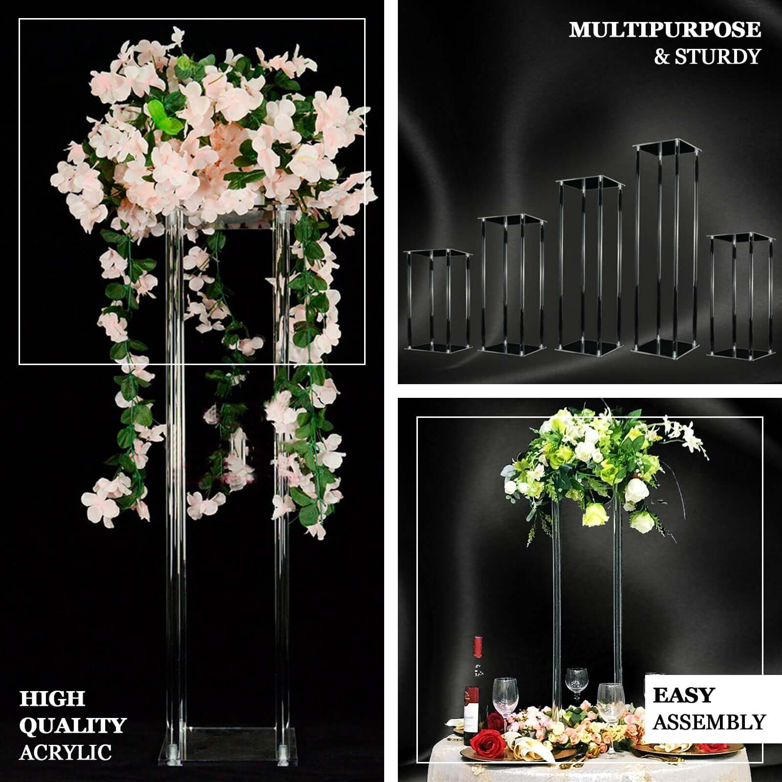 Acrylic Floor Vase Flower Stand with Square Mirror Base Clear - Decorative Wedding Column for Large Events 48