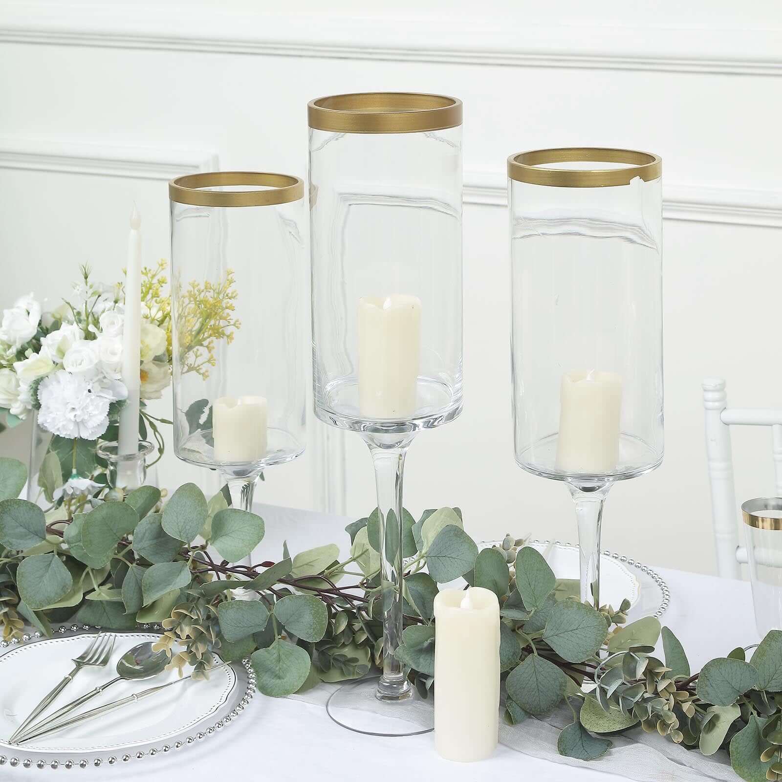 Set of 3 Glass Hurricane Candle Holders Long Stem Clear with Gold Rim - Decorative Pedestal Floral Centerpieces 16, 18, 20