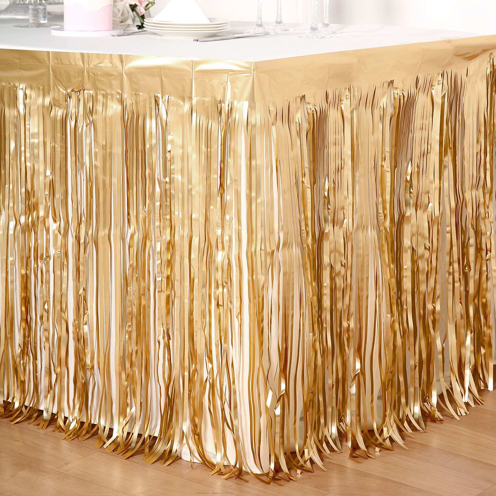 Metallic Foil Fringe Table Skirt Matte Gold with Self Adhesive Backing - Durable Tinsel Skirt for Parties 30x9ft