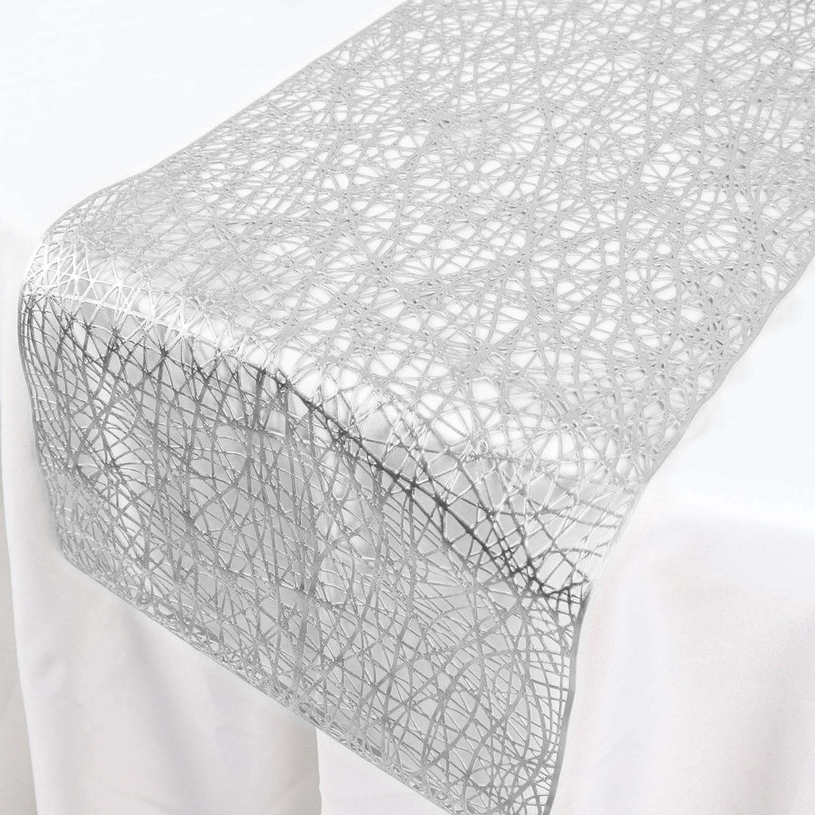 Plastic Woven Vinyl 13x6ft Table Runner Metallic Silver - Non-Slip & Reversible Tabletop Decor