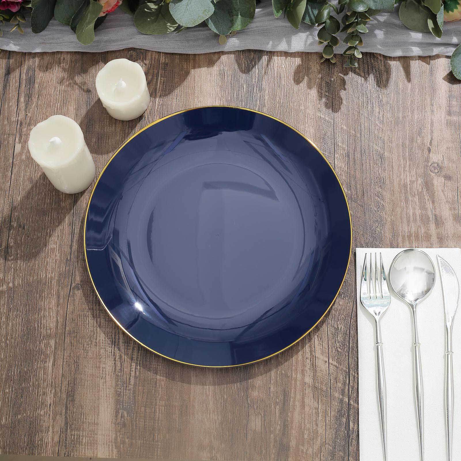 10-Pack Plastic 10 Round Dinner Plates in Navy Blue with Gold Rim - Glossy Disposable Party Plates