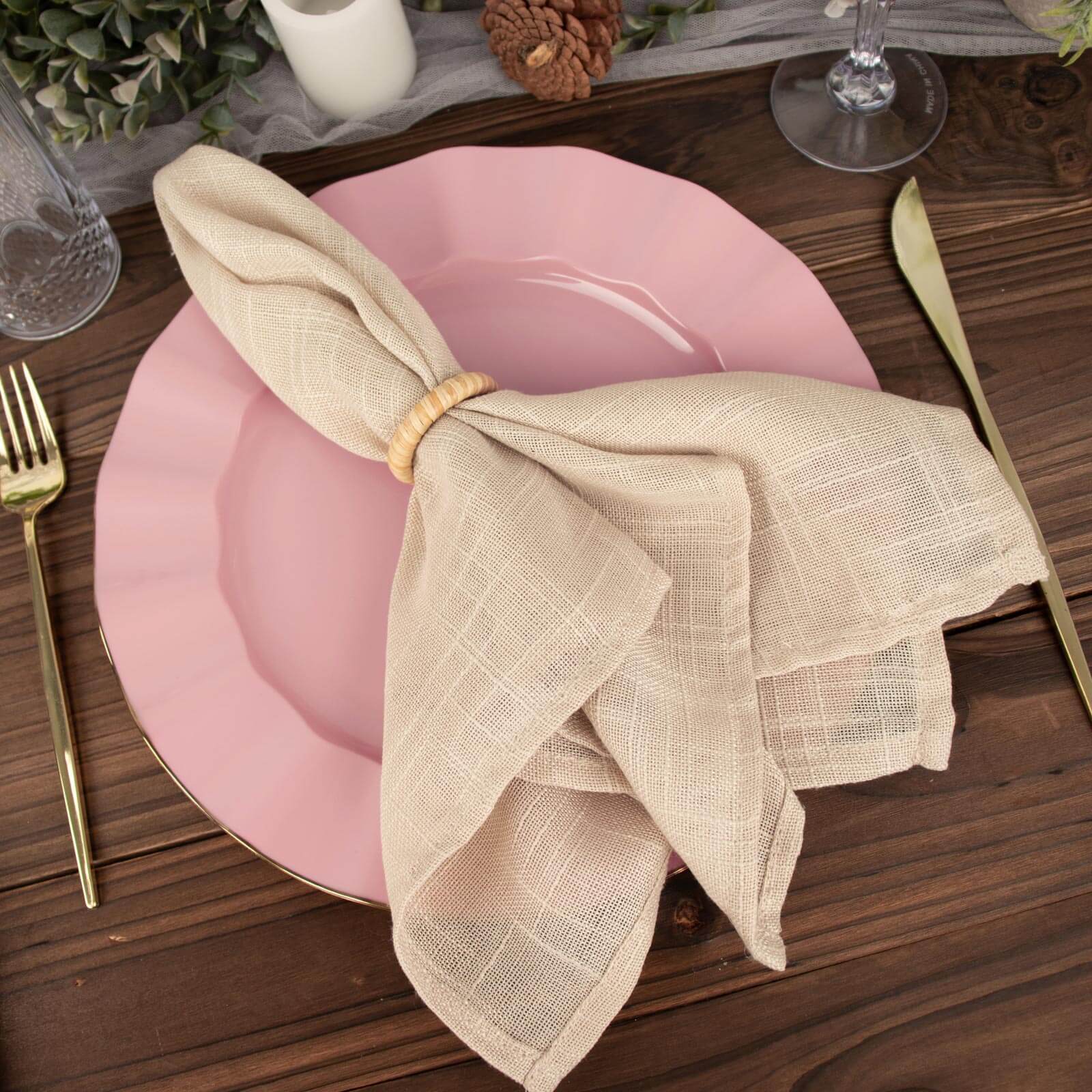 10-Pack Plastic 11 Round Dinner Plates in Dusty Rose Ruffled Rim with Gold Edging - Sturdy Disposable Dinnerware