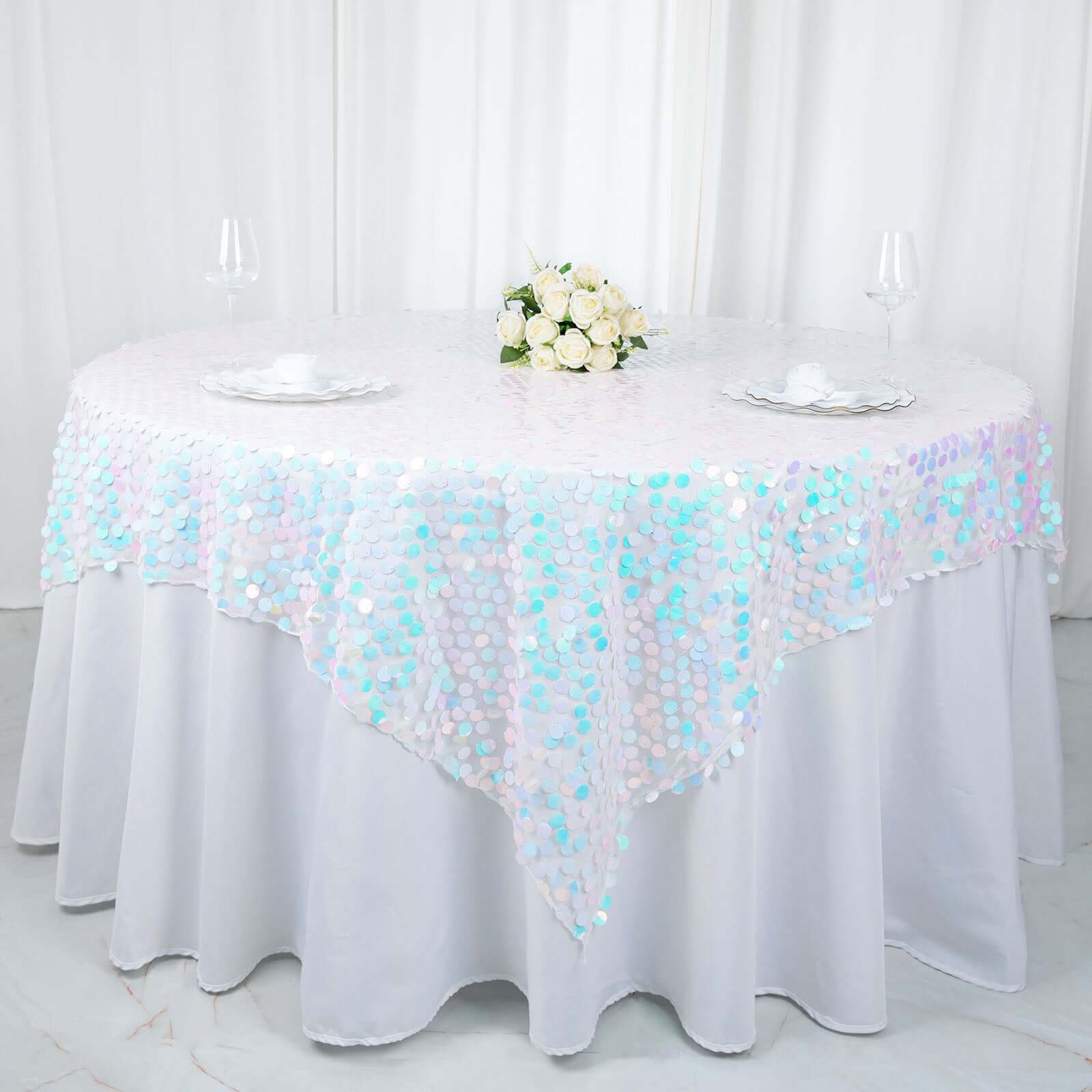 Sequin 72x72 Table Overlay Square Tablecloth Iridescent Blue - Big Payette Table Cover