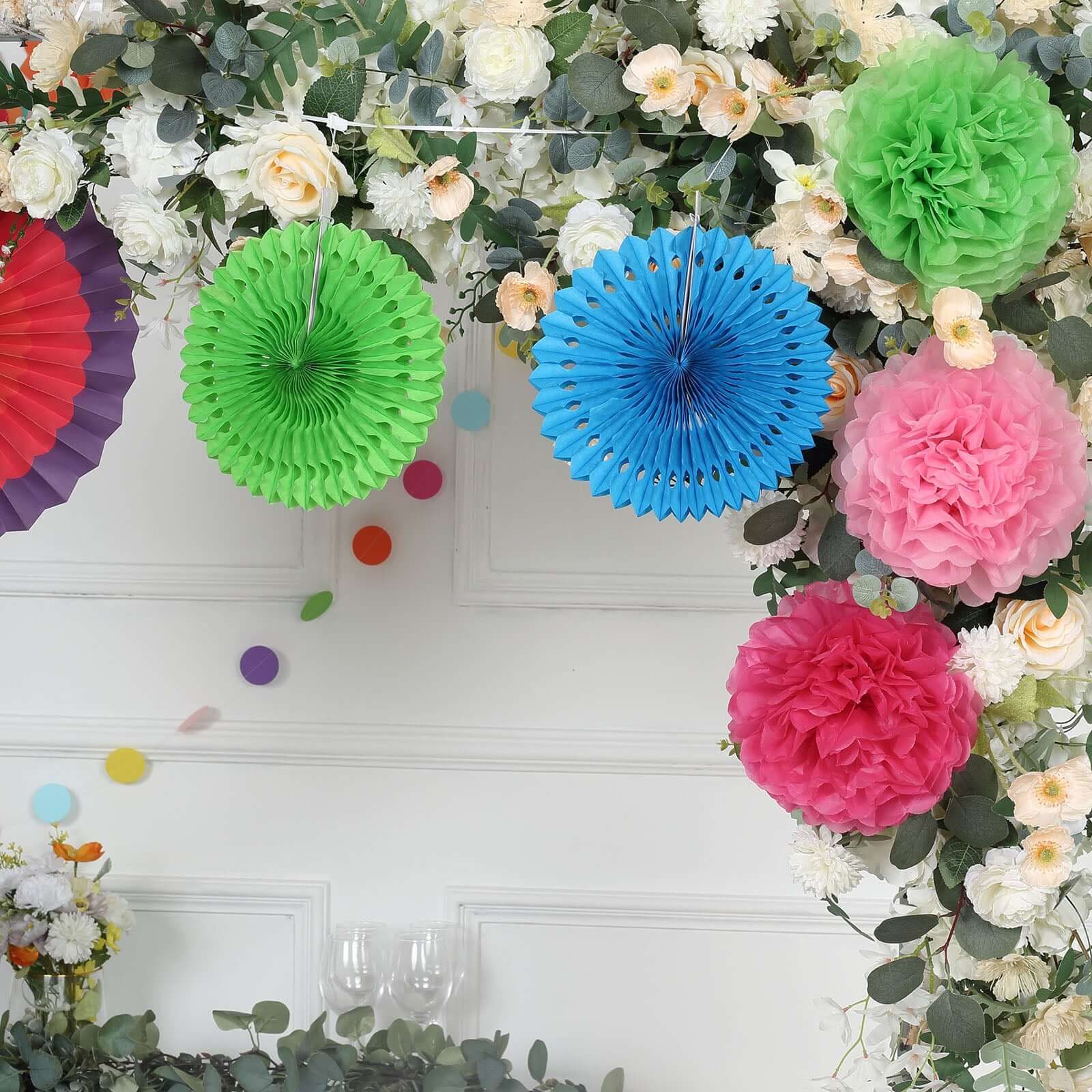 20Pcs Colorful Hanging Fiesta Themed Party Decorations Set, Paper Fans, Pom Pom Flowers, Polka Dot and Bunting Flag Garlands Included