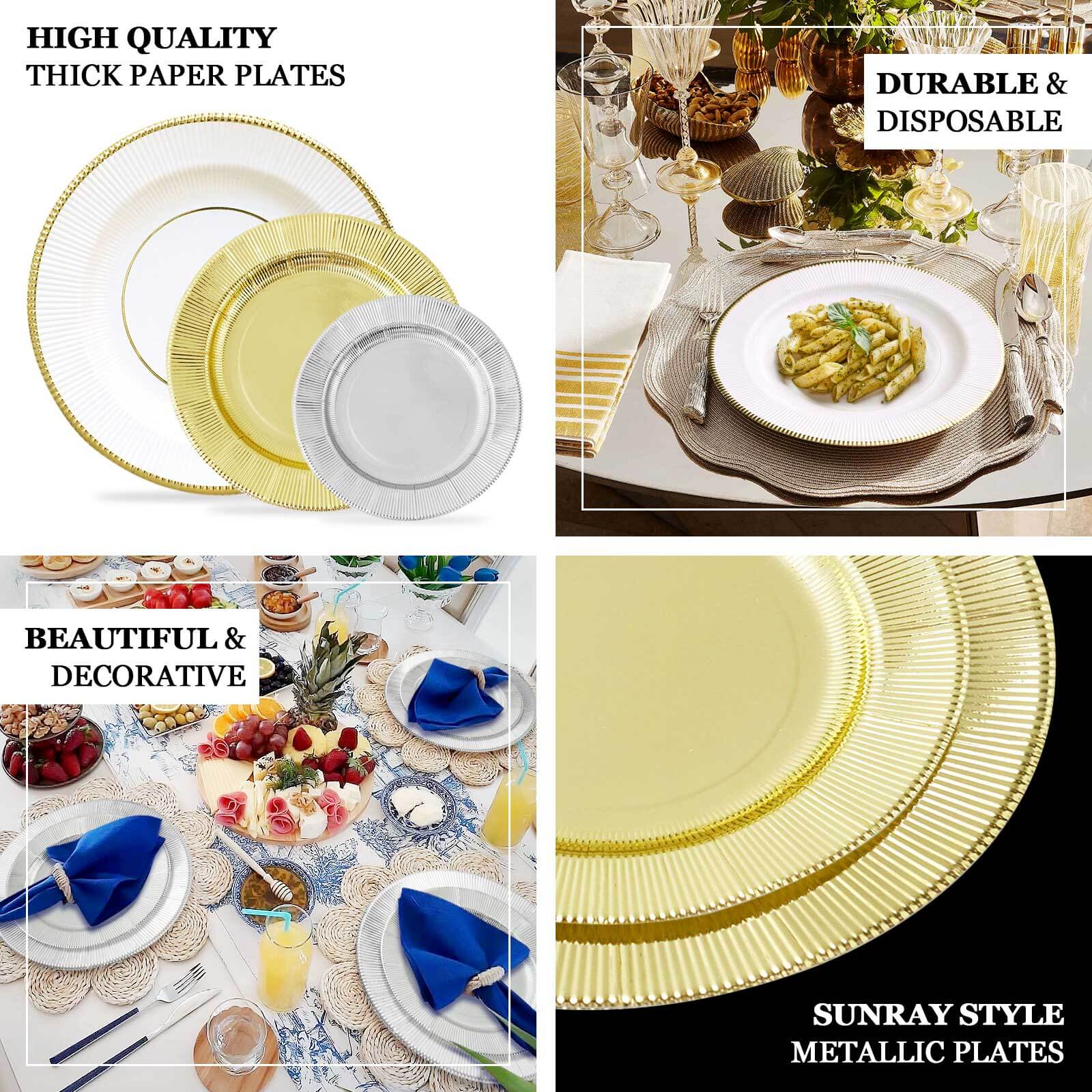 25-Pack Paper 10 Round Dinner Plates in Royal Blue Sunray Design with Gold Rim - Disposable Heavy Duty 350GSM Party Plates