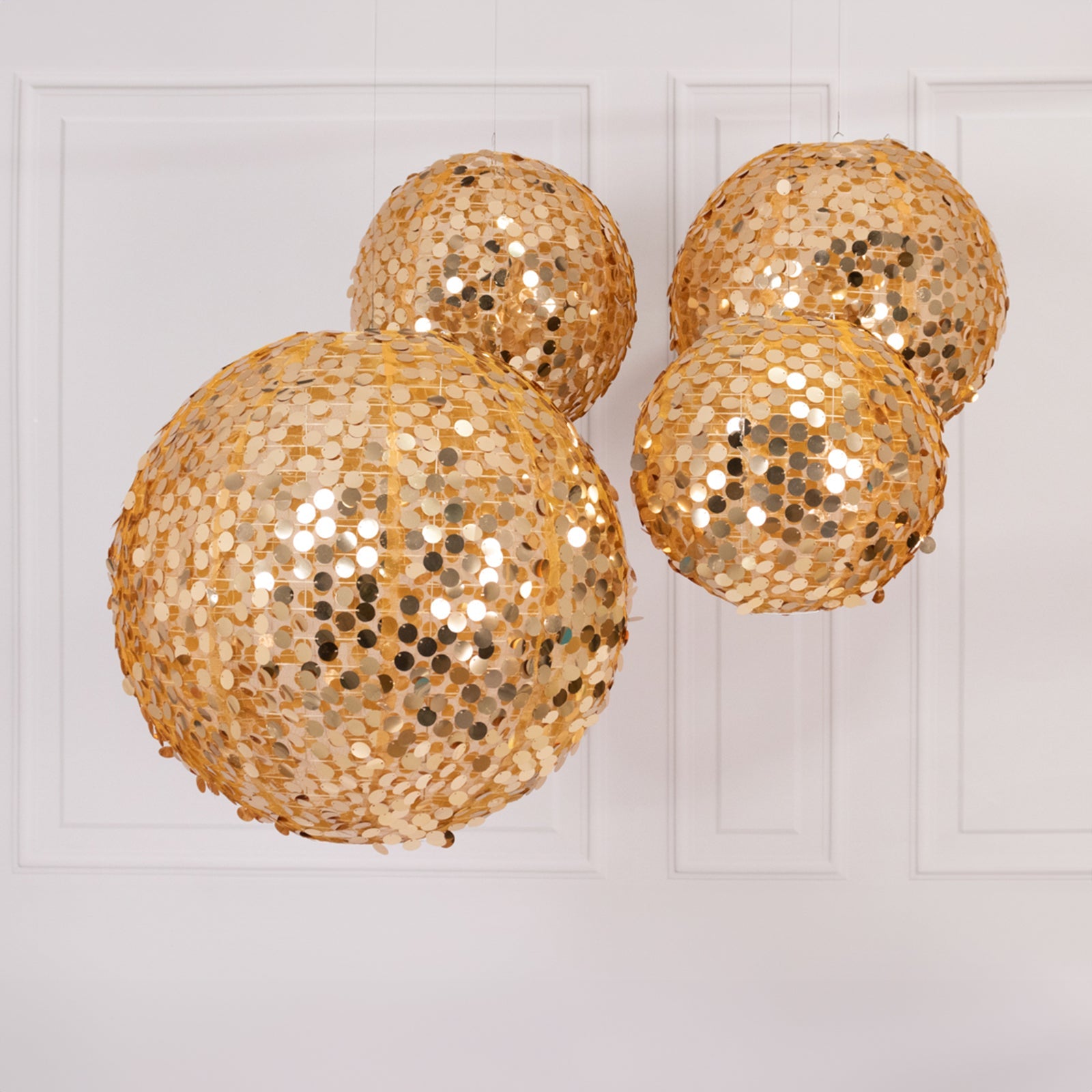 Set of 4 Glitter Gold Payette Sequin Hanging Lanterns, Large Decorative Round Foldable Fabric Chinese Lantern Lampshades - 12,14,16,20