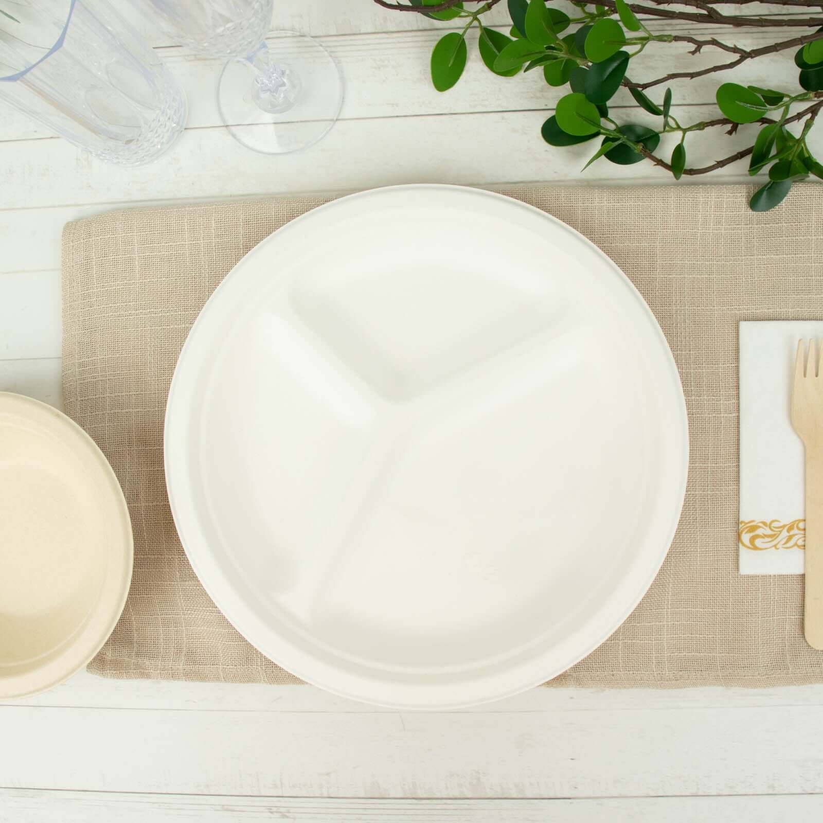 50-Pack Bagasse 10 Round Dinner Plates in White with 3-Compartments - Eco Friendly Biodegradable Sugarcane Divided Plates for Food Trucks Catering & Events