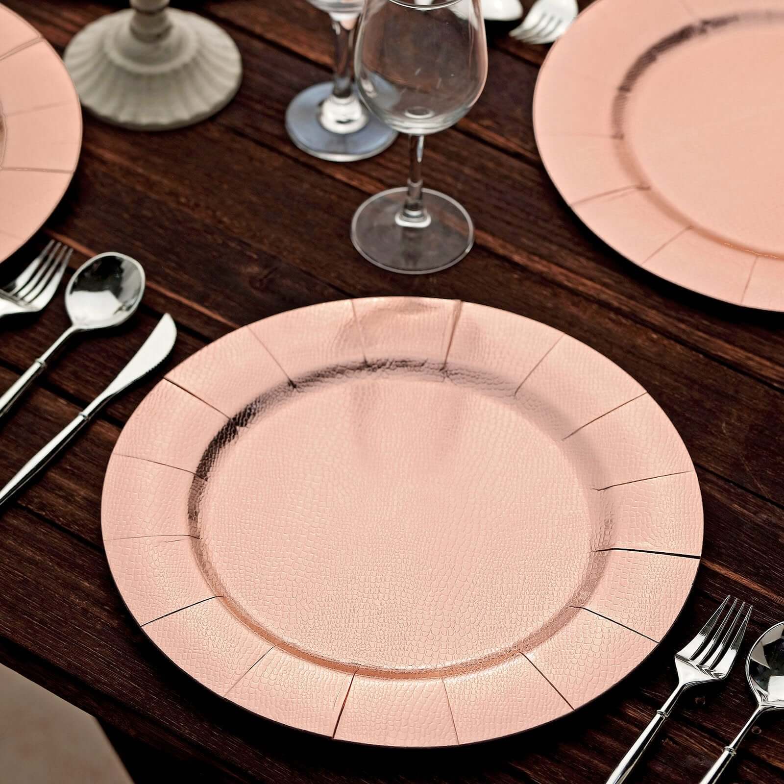 10-Pack Disposable Round Charger Plates in Rose Gold with Leathery Texture - Durable 1100GSM Cardboard Placemats 13