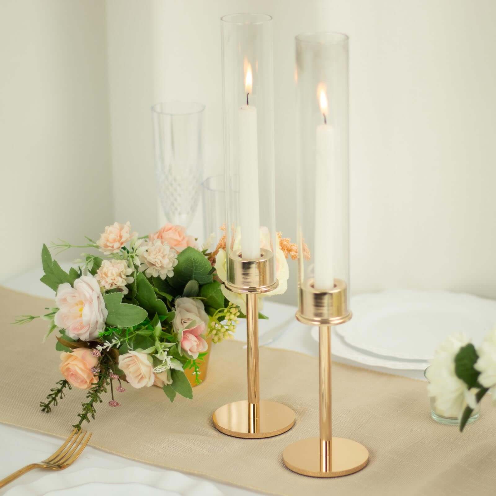 2-Pack Gold Metal Taper Candlestick Holders, Clear Glass Hurricane Candle Stands With Chimney Candle Shades 16