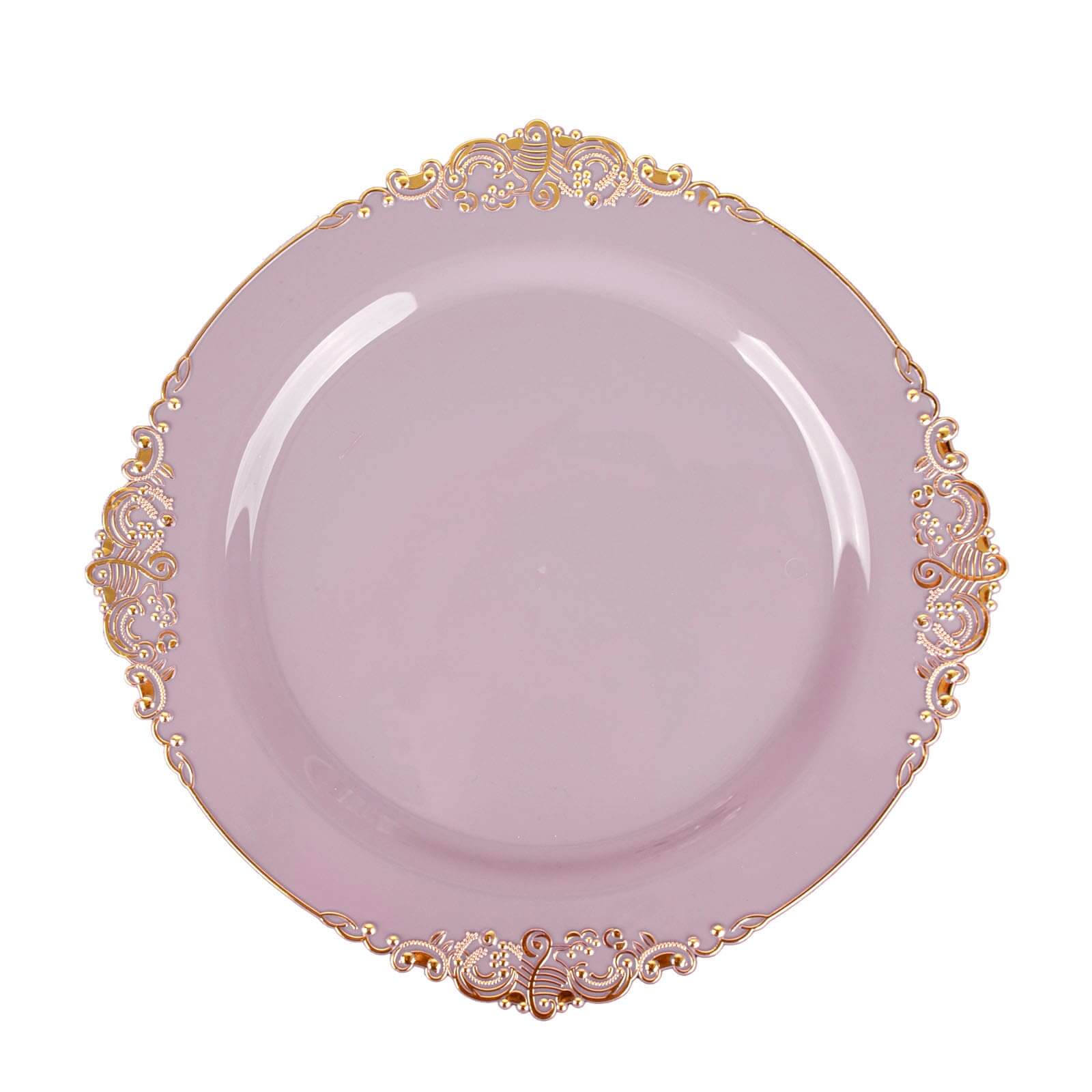 10-Pack Plastic 10 Round Dinner Plates in Lavender Lilac with Gold Leaf Embossed Rim - Disposable Vintage Baroque Style Plates