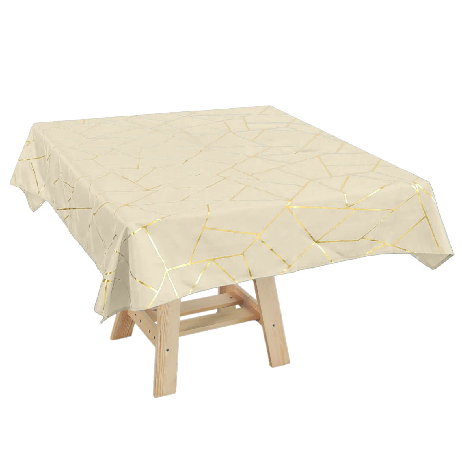 Polyester 54x54 Square Tablecloth Beige with Gold Foil Geometric Pattern - Wrinkle-Resistant & Durable Table Cover