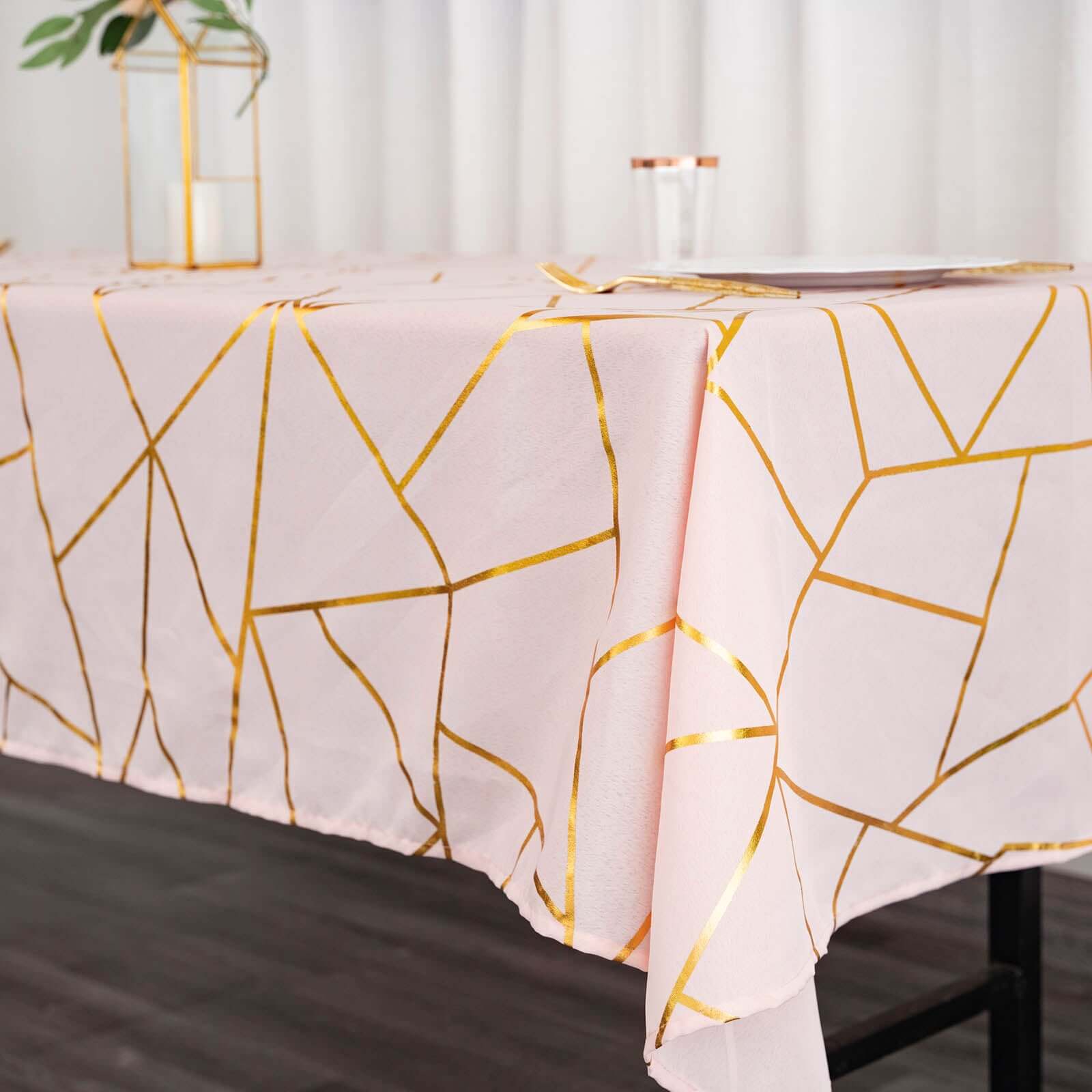 Polyester 60x102 Rectangle Tablecloth Blush with Gold Foil Geometric Pattern - Wrinkle-Resistant & Durable Table Cover