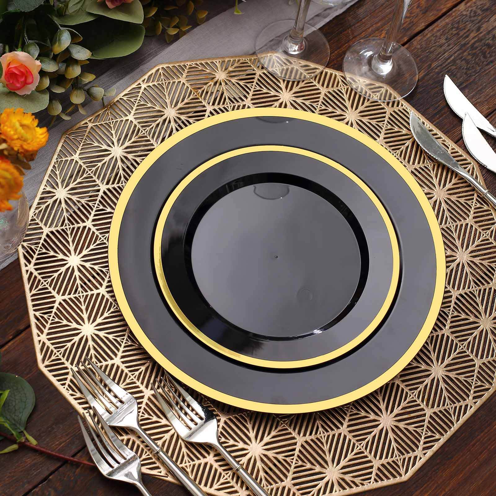 10-Pack Plastic 7 Round Appetizer Plates in Black with Gold Rim - Sleek Disposable Salad Plates for Banquets & Special Occasions