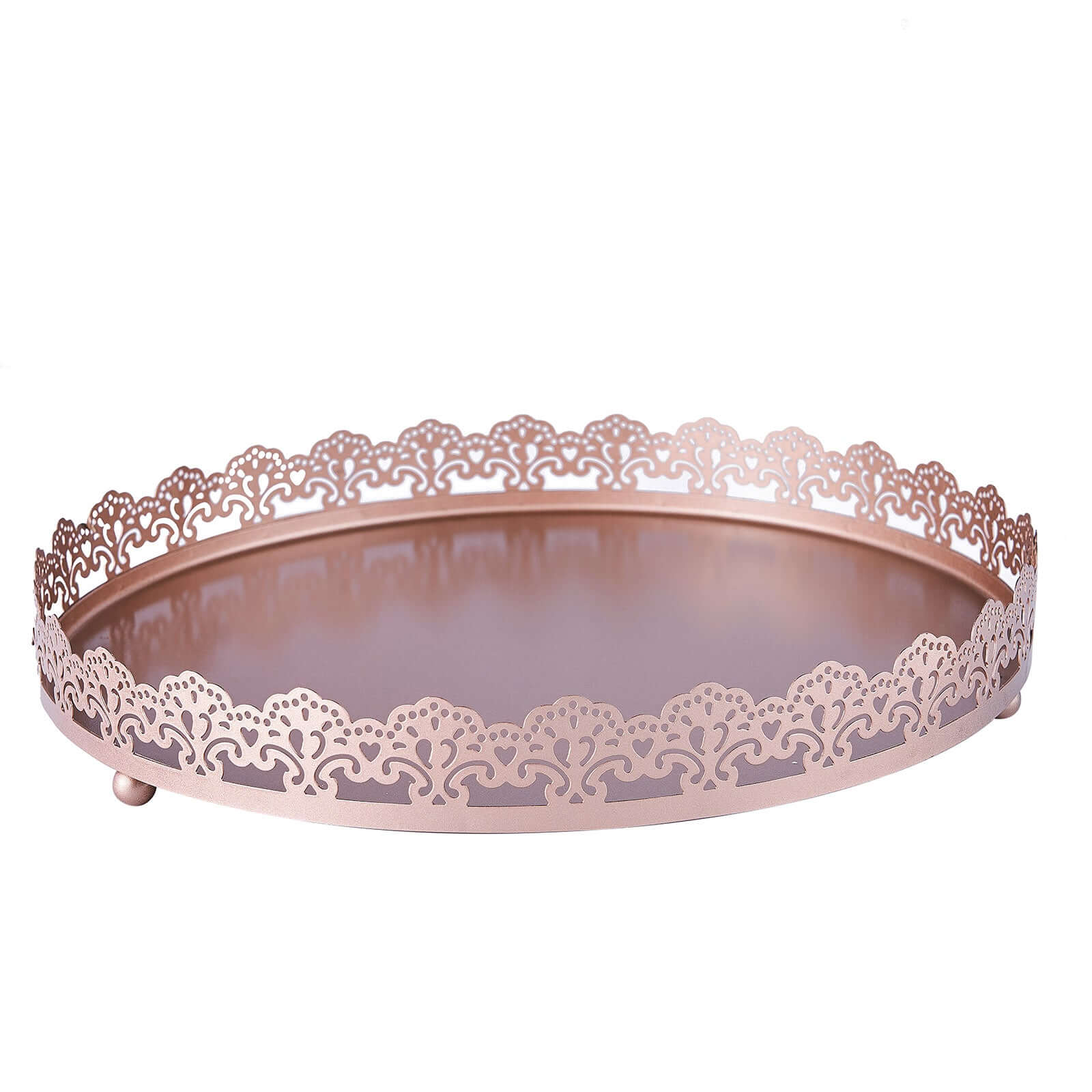 Metal Round Serving Tray 12 in Rose Gold with Embellished Rims, Stylish Decorative Vanity Tray Centerpiece