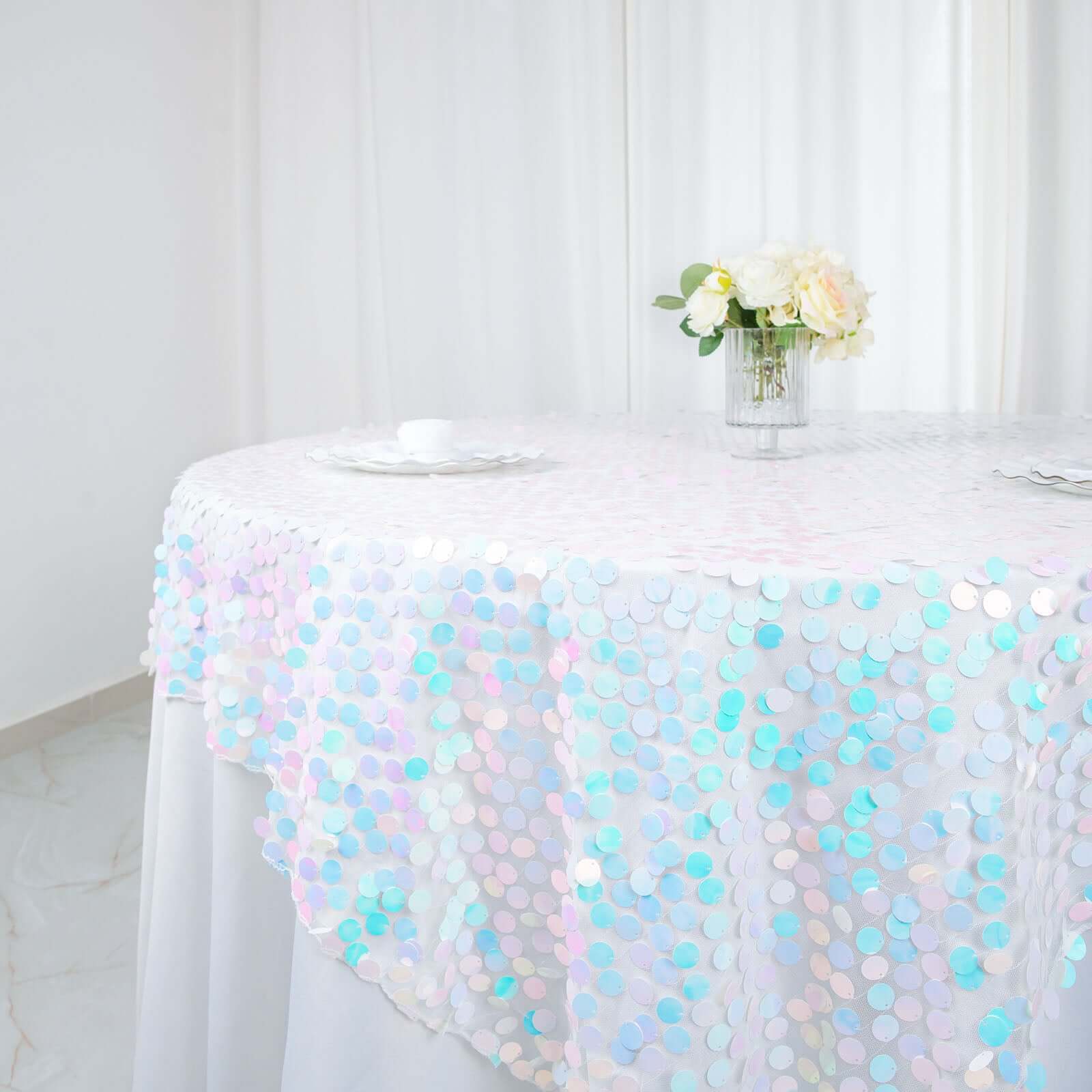 Sequin 72x72 Table Overlay Square Tablecloth Iridescent Blue - Big Payette Table Cover