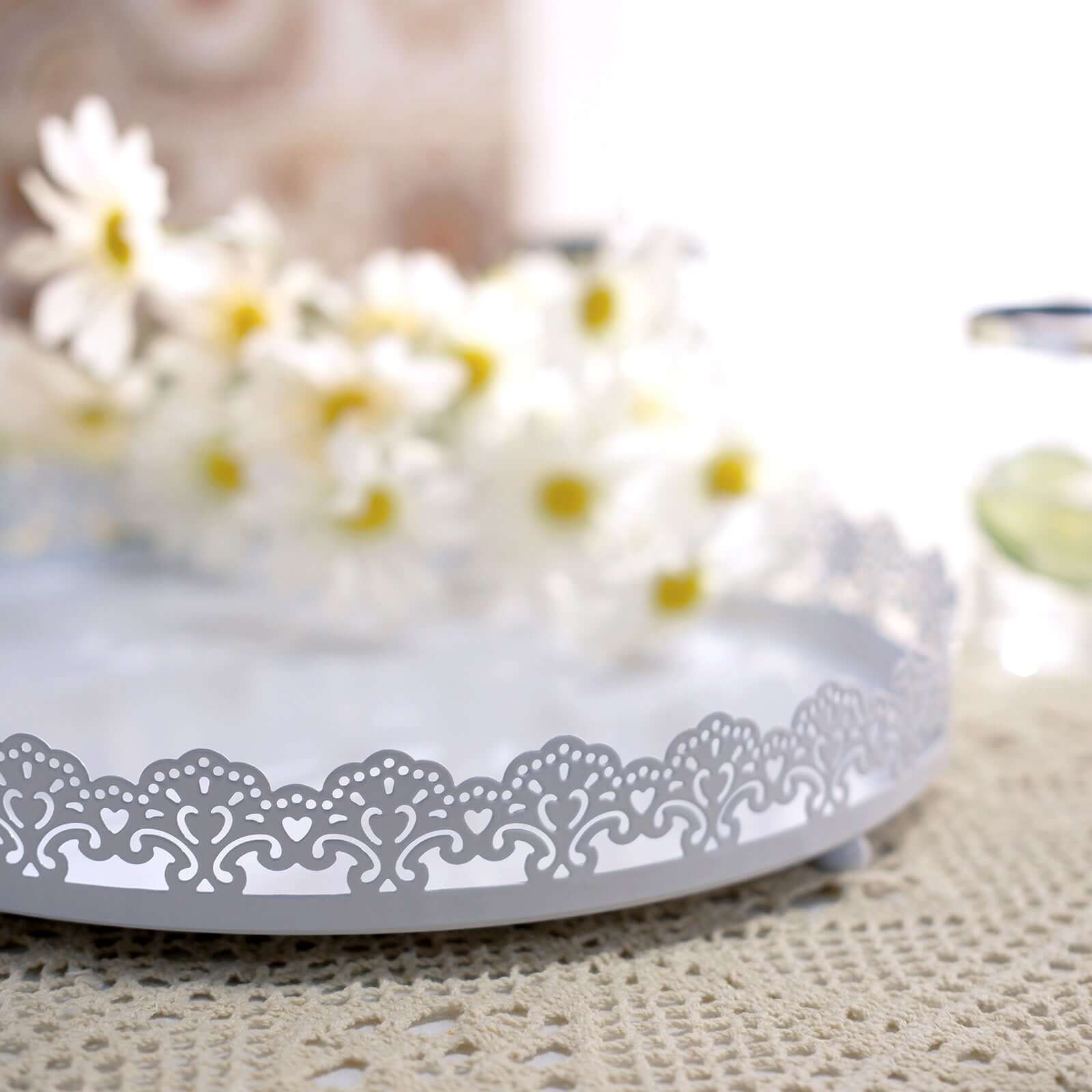 Metal Round Serving Tray 12 in White with Embellished Rims, Stylish Decorative Vanity Tray Centerpiece