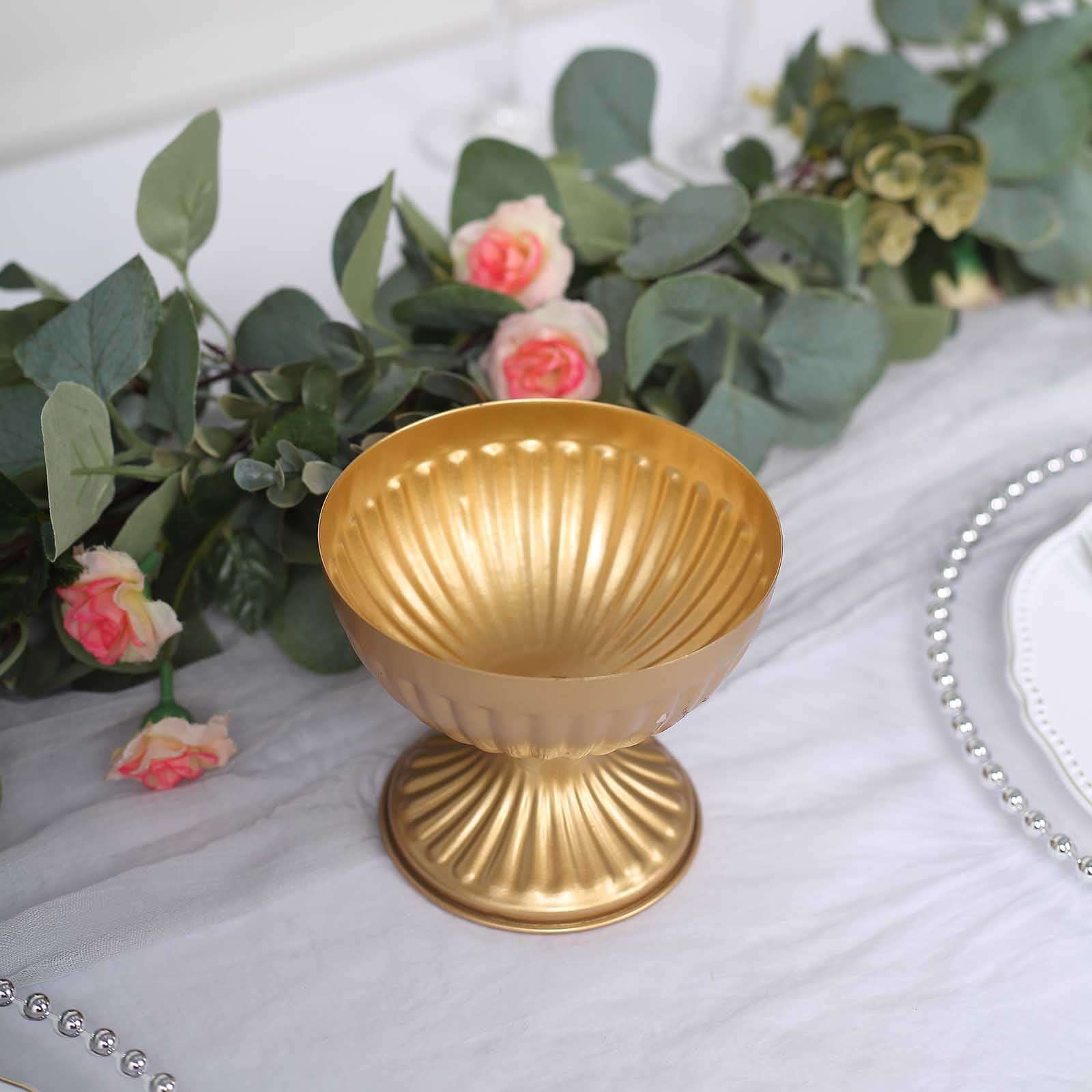 2-Pack Metal Pedestal Flower Vases Ribbed Bowl Style Gold - Antique Mini Compote Vase for Sophisticated Wedding Centerpieces 4