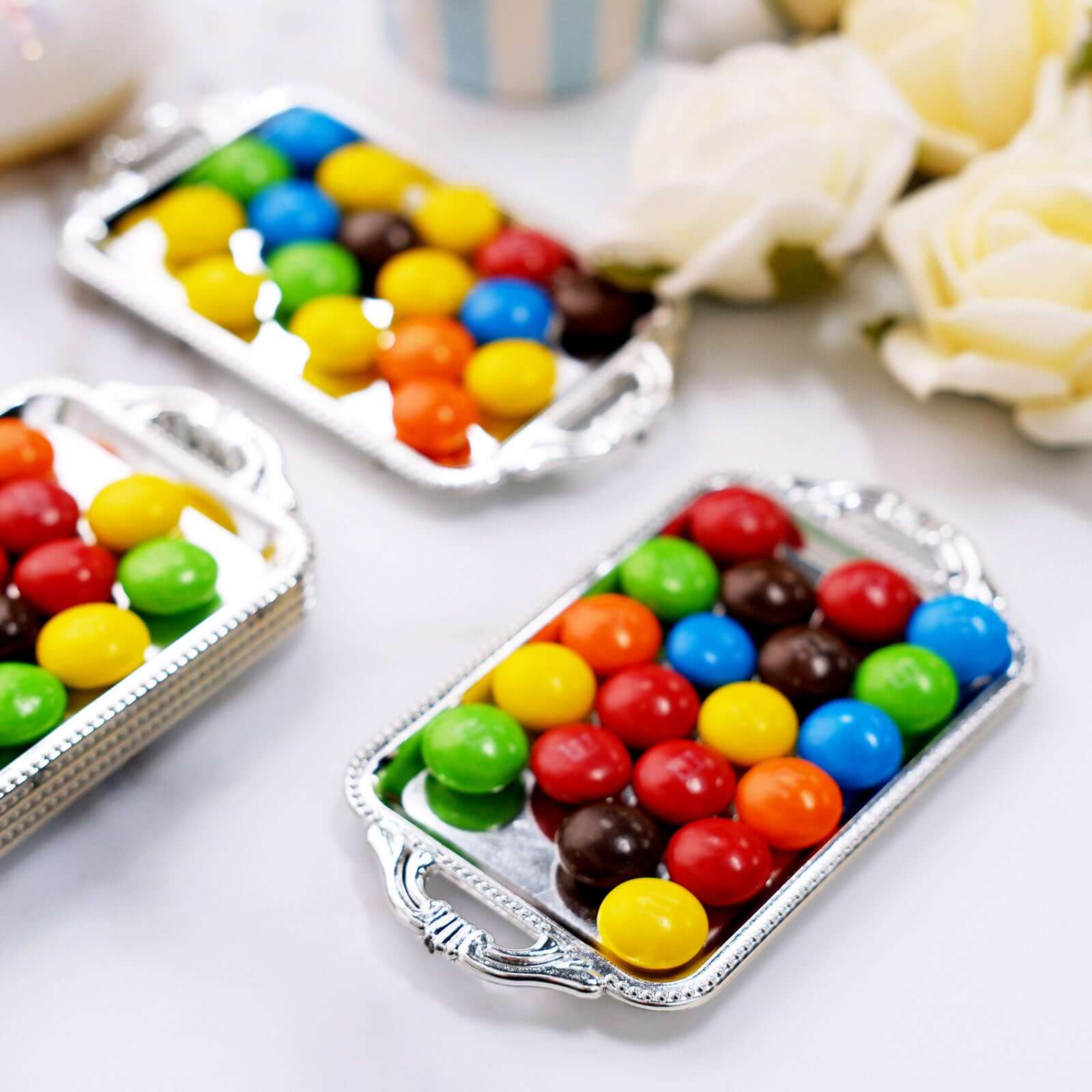 12-Pack Display Trays Party Favor Rectangular Design Silver - Mini Serving Platters for Candy and Desserts 4