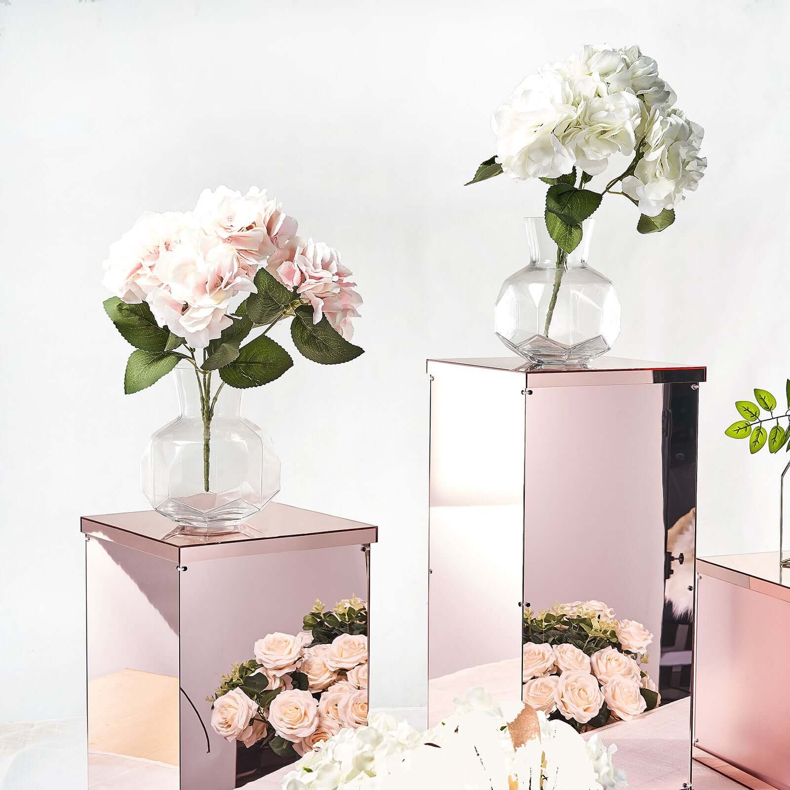 Set of 5 Rose Gold Mirror Finish Acrylic Display Boxes, Pedestal Risers with Interchangeable Lid and Base - 12,16,24,32,40