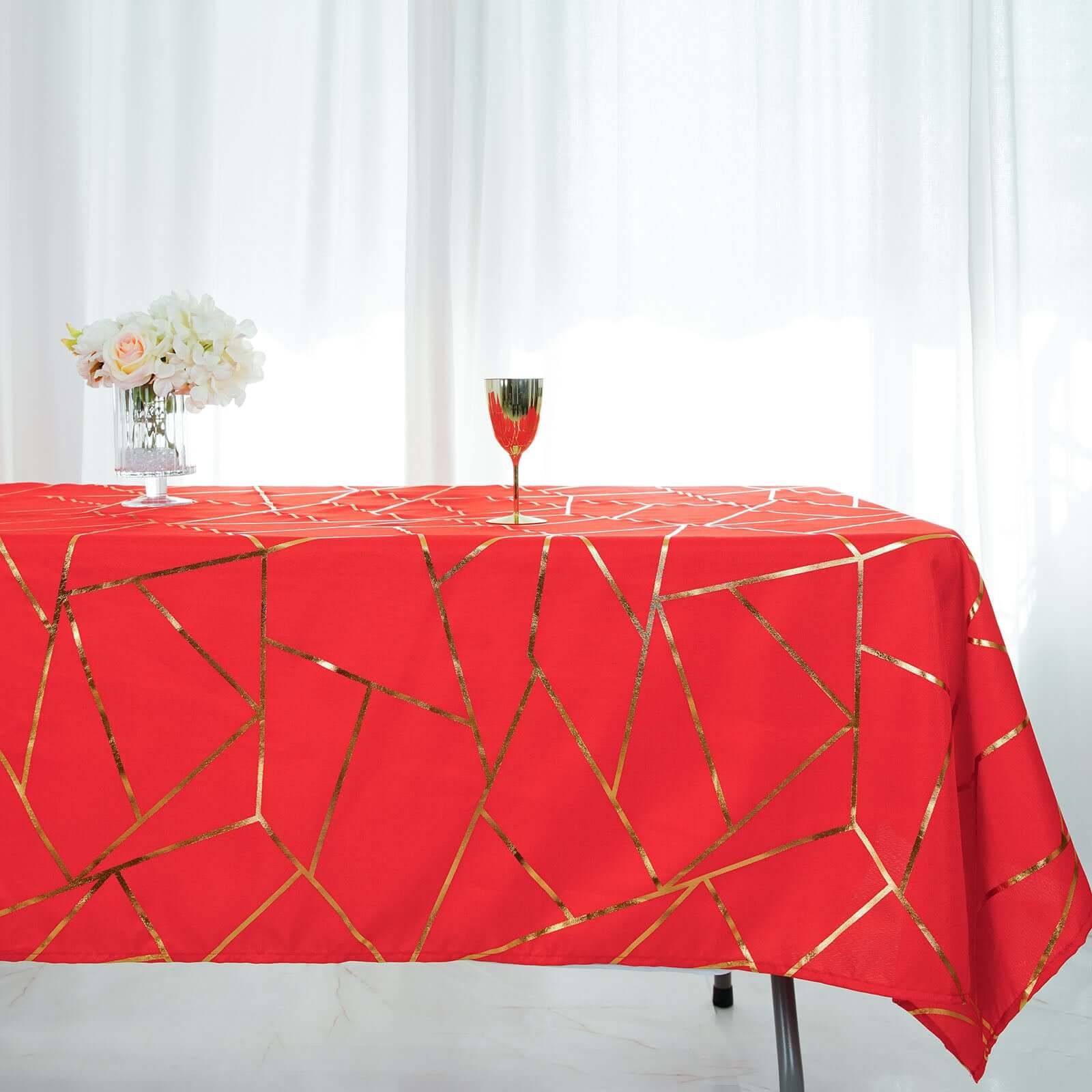 Polyester 60x102 Rectangle Tablecloth Red with Gold Foil Geometric Pattern - Wrinkle-Resistant & Durable Table Cover