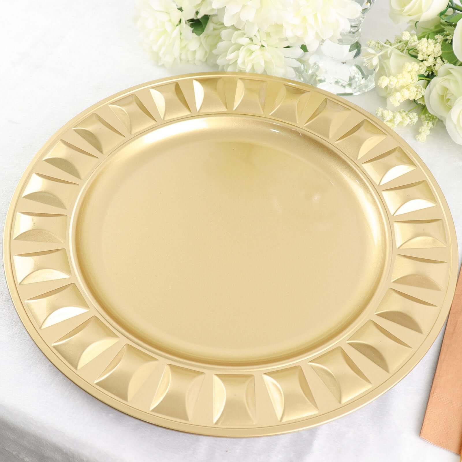 6-Pack Plastic Round Charger Plates 13 in Gold with Bejeweled Rim, Luxe Decorative Dinner Party Charger Tableware