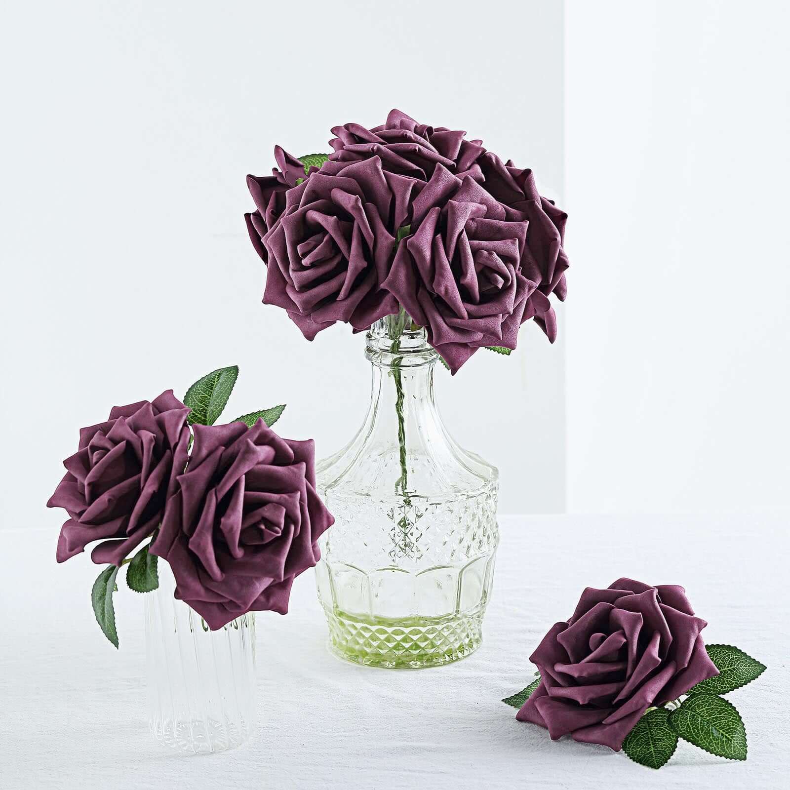 24 Roses 5 Eggplant Artificial Foam Flowers With Stem Wire and Leaves