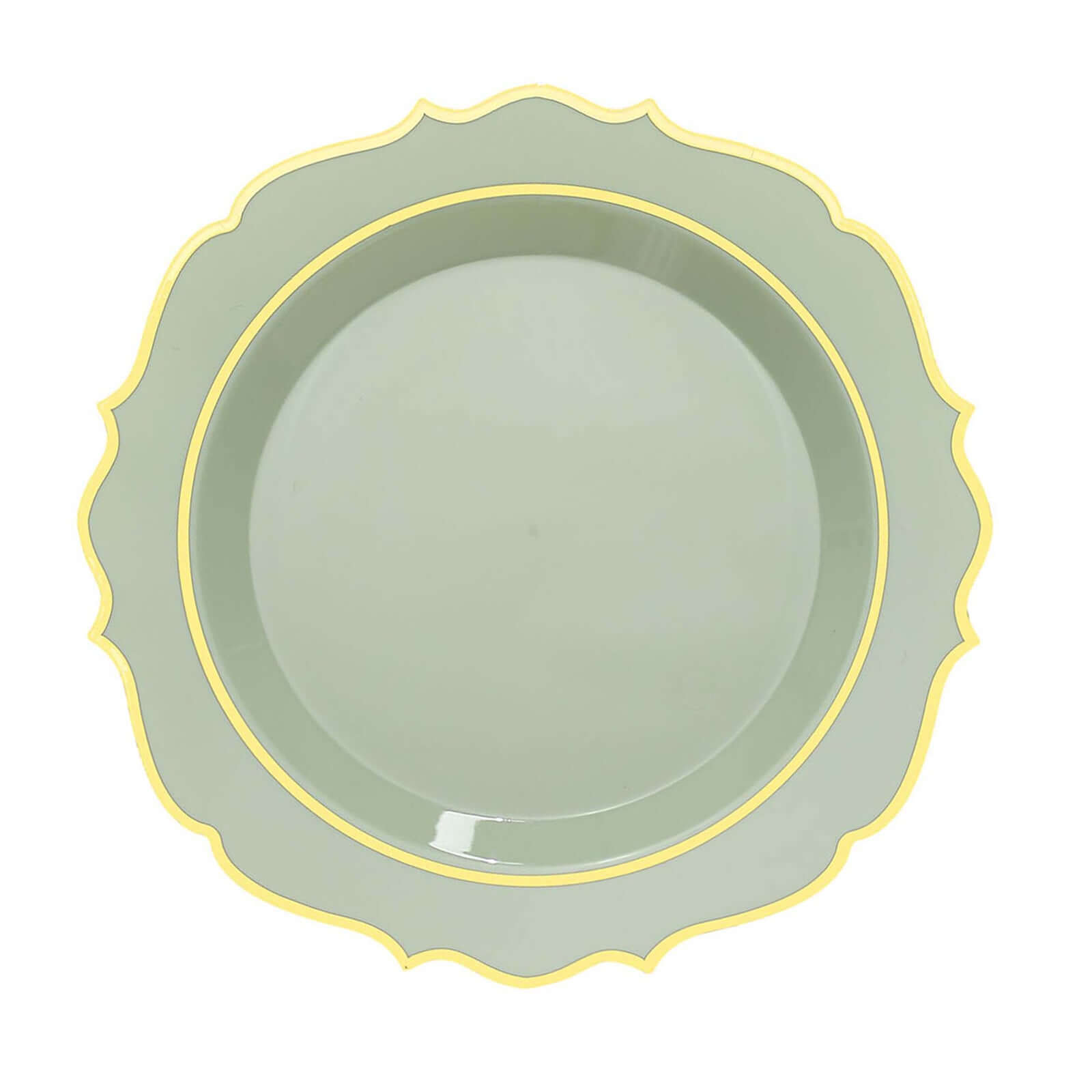 10-Pack Plastic 10 Round Dinner Plates in Sage Green with Gold Scalloped Rim - Disposable Party Plates