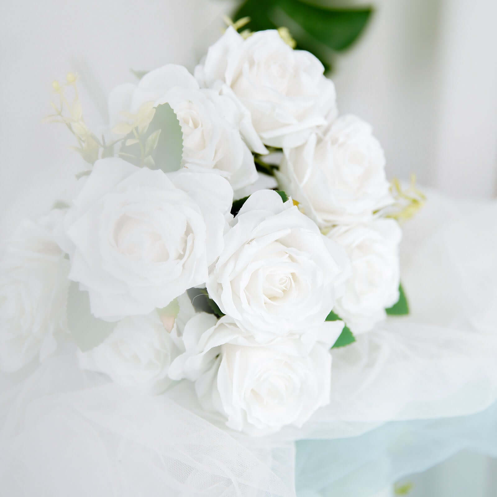 2 Bushes 18 Real Touch White Artificial Rose Flower Bouquet, Silk Long Stem Flower Arrangements