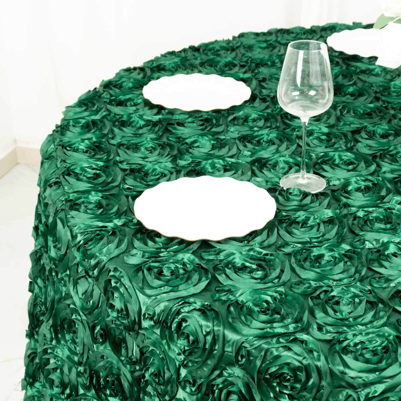 Satin 120 Round Tablecloth Hunter Emerald Green - Grandiose 3D Rosette with Seamless Finish Table Cover