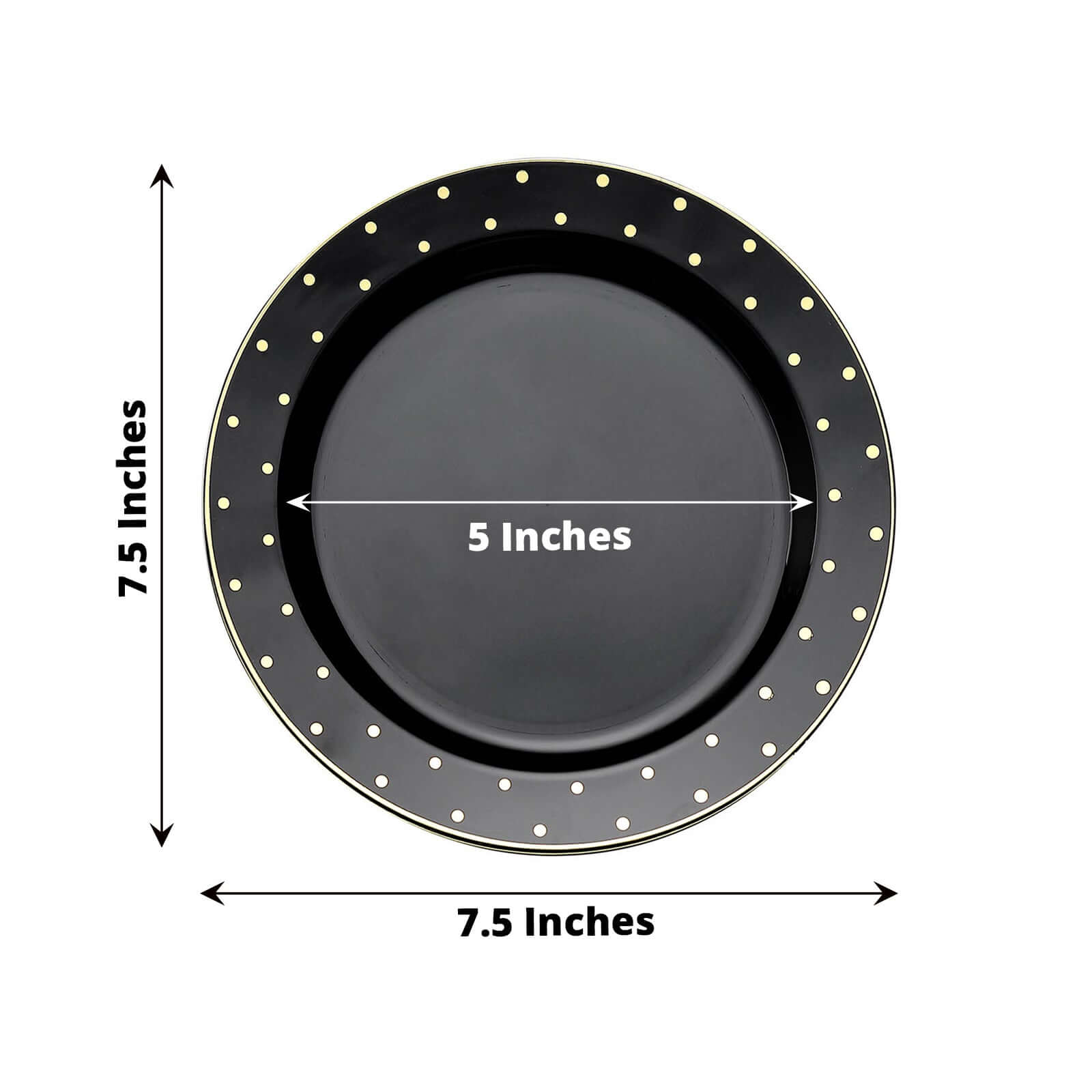 10 Pack 7.5 Black With Gold Dot Rim Plastic Dessert Plates, Round Salad Disposable Tableware Plates