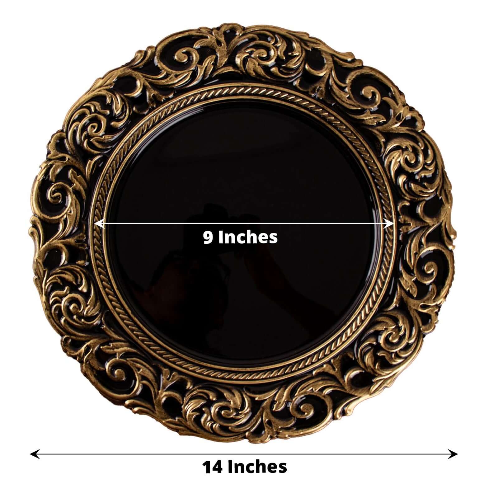 6-Pack Acrylic Round Charger Plates 14 in Black with Gold Engraved Baroque Rim, Vintage Disposable Decorative Chargers