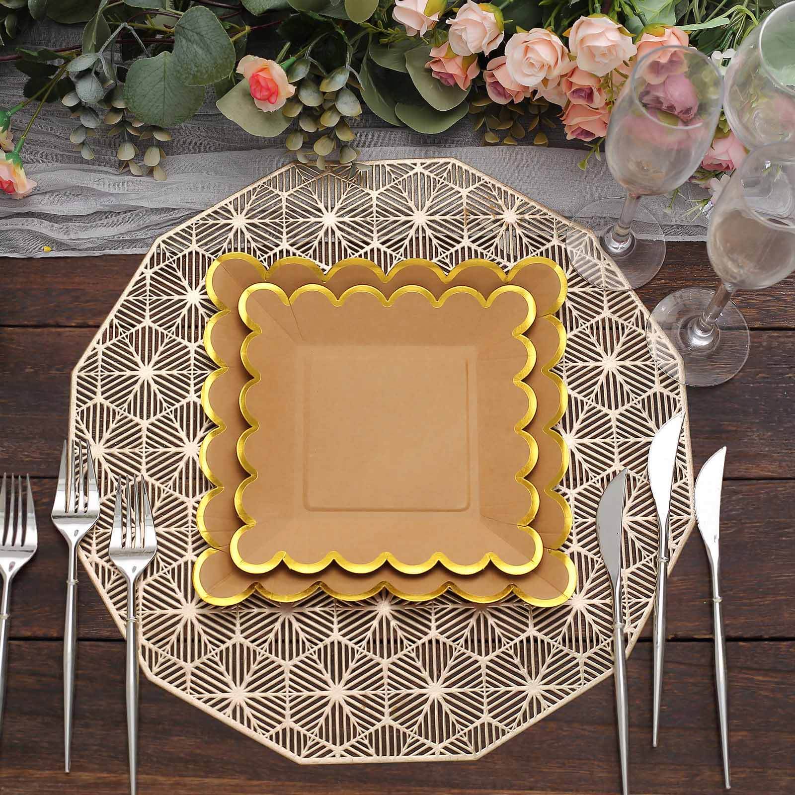 25-Pack Paper 7 Square Dessert Plates in Natural Brown with Gold Scalloped Rim - Disposable Salad Appetizer Party Plates for Stylish Outdoor Events & Boho Celebrations