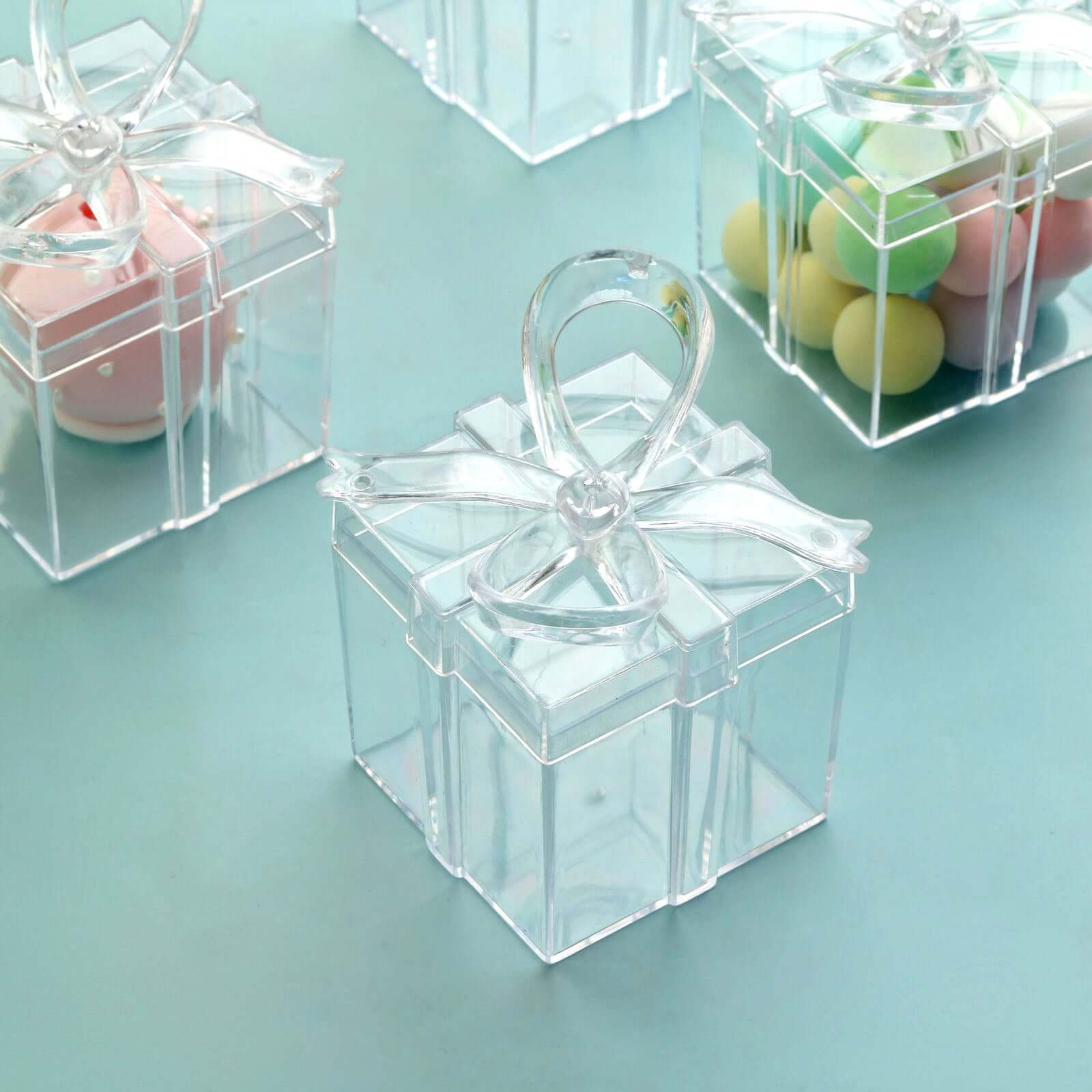 12 Pack 3 Square Clear Bow Top Plastic Party Favor Boxes, Transparent Candy Container Gift Boxes