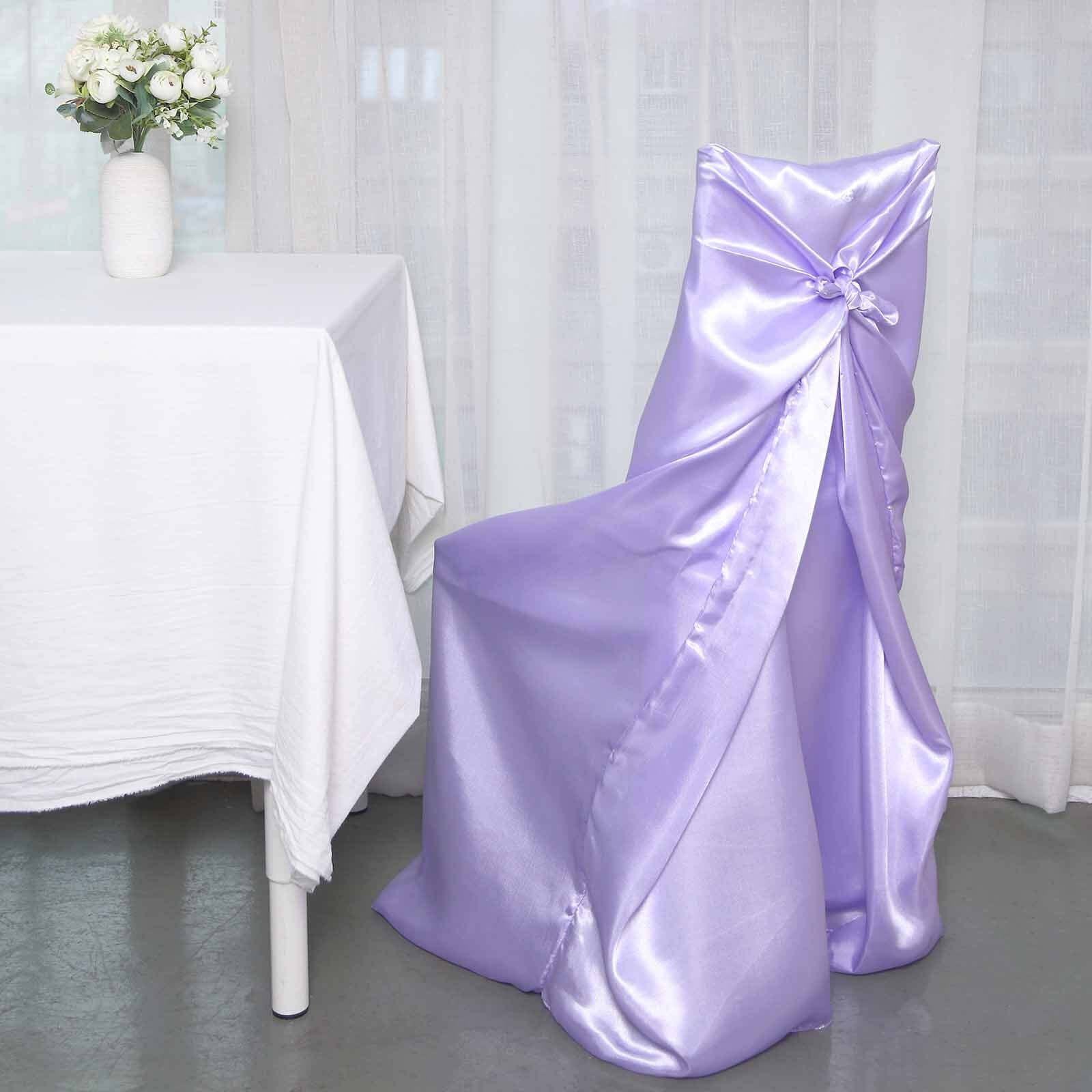 Satin Chair Cover Self-Tie Universal Design Lavender Lilac - Durable Slip-On Cover for Folding, Dining, Banquet & Standard Chairs