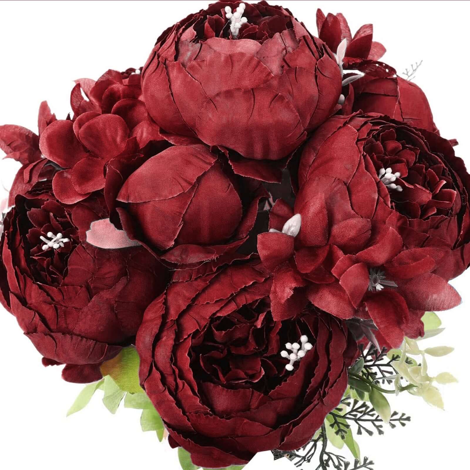 2 Pack 19 Burgundy Artificial Peony Flower Wedding Bouquets, Faux Silk Flower Arrangements