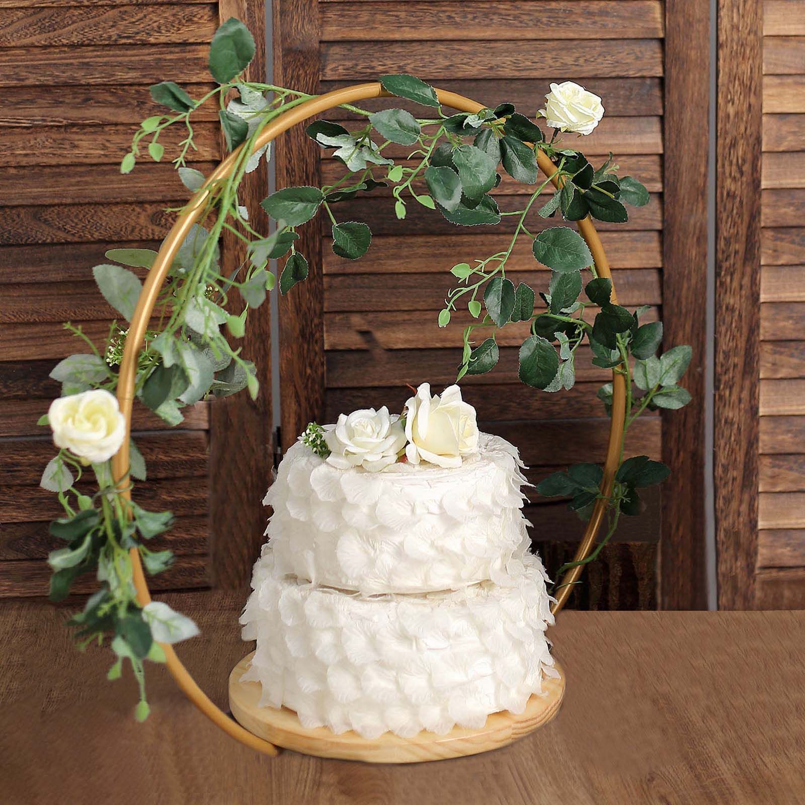 Metal Round Floral Hoop Cake Stand Gold - Chic Geometric Dessert Display DIY Centerpiece Table Decoration With Wooden Base 20
