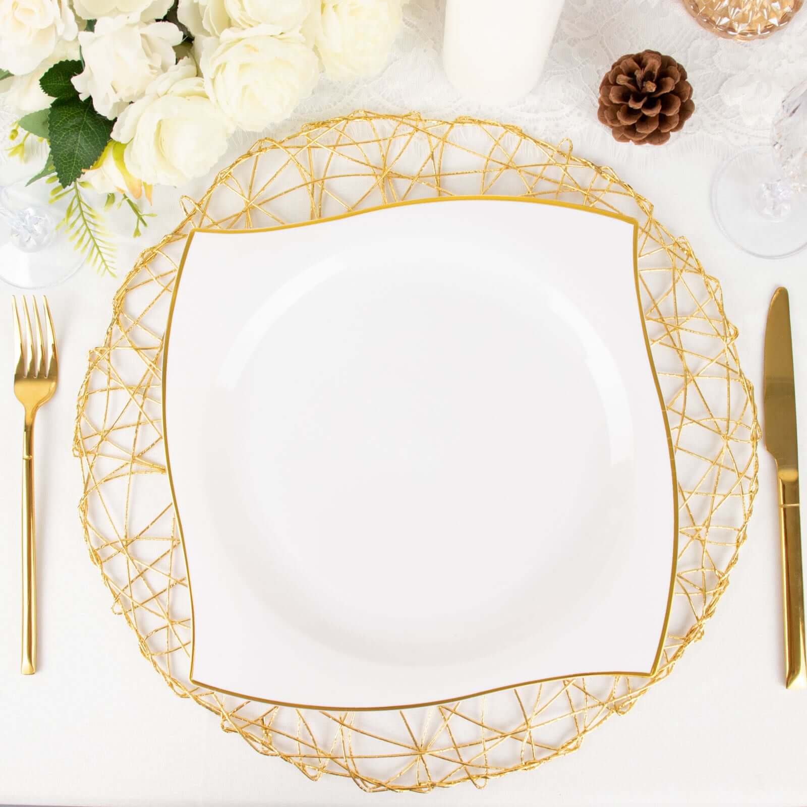 10-Pack Plastic 10 Square Dinner Plates in White with Gold Wavy Rim Modern - Disposable Party Plates for Luxe Events & Banquets