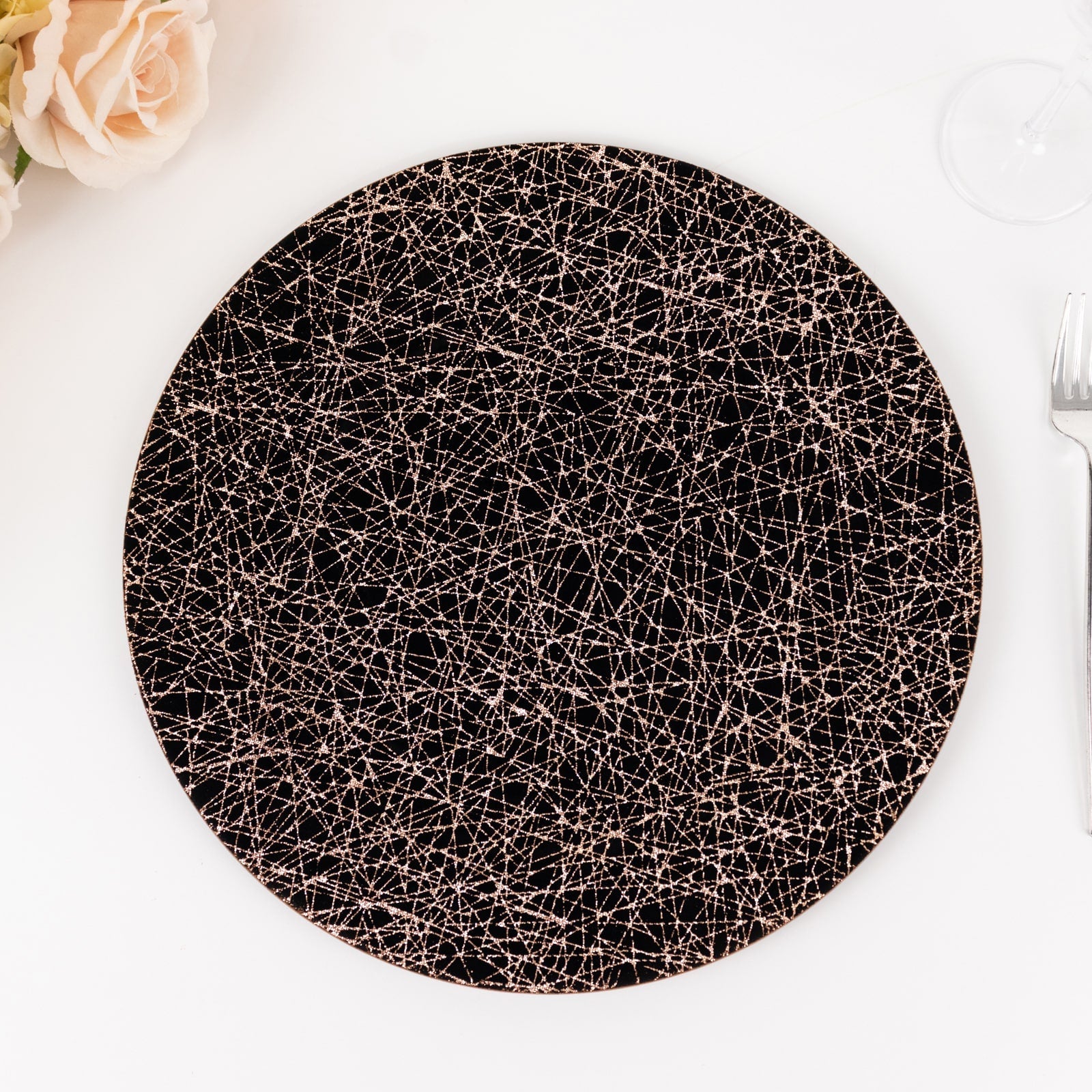 6-Pack Acrylic Round Charger Plates 13 in Black with Gold Glitter Abstract Lines Pattern, Decorative Dinner Party Charger Tableware