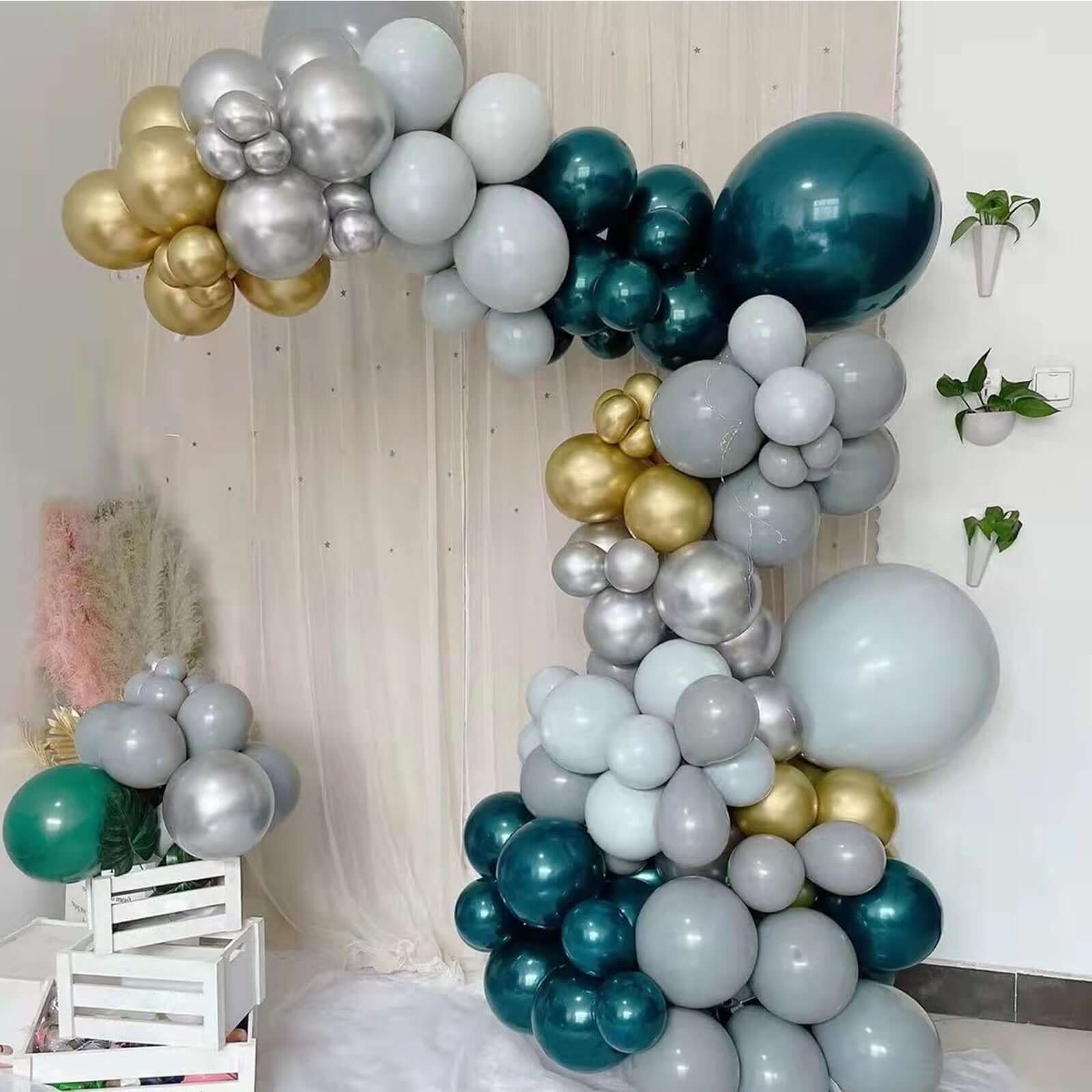 101 Pack Green, Gold and Silver DIY Balloon Garland Arch Party Kit, Double Layer Latex Balloons